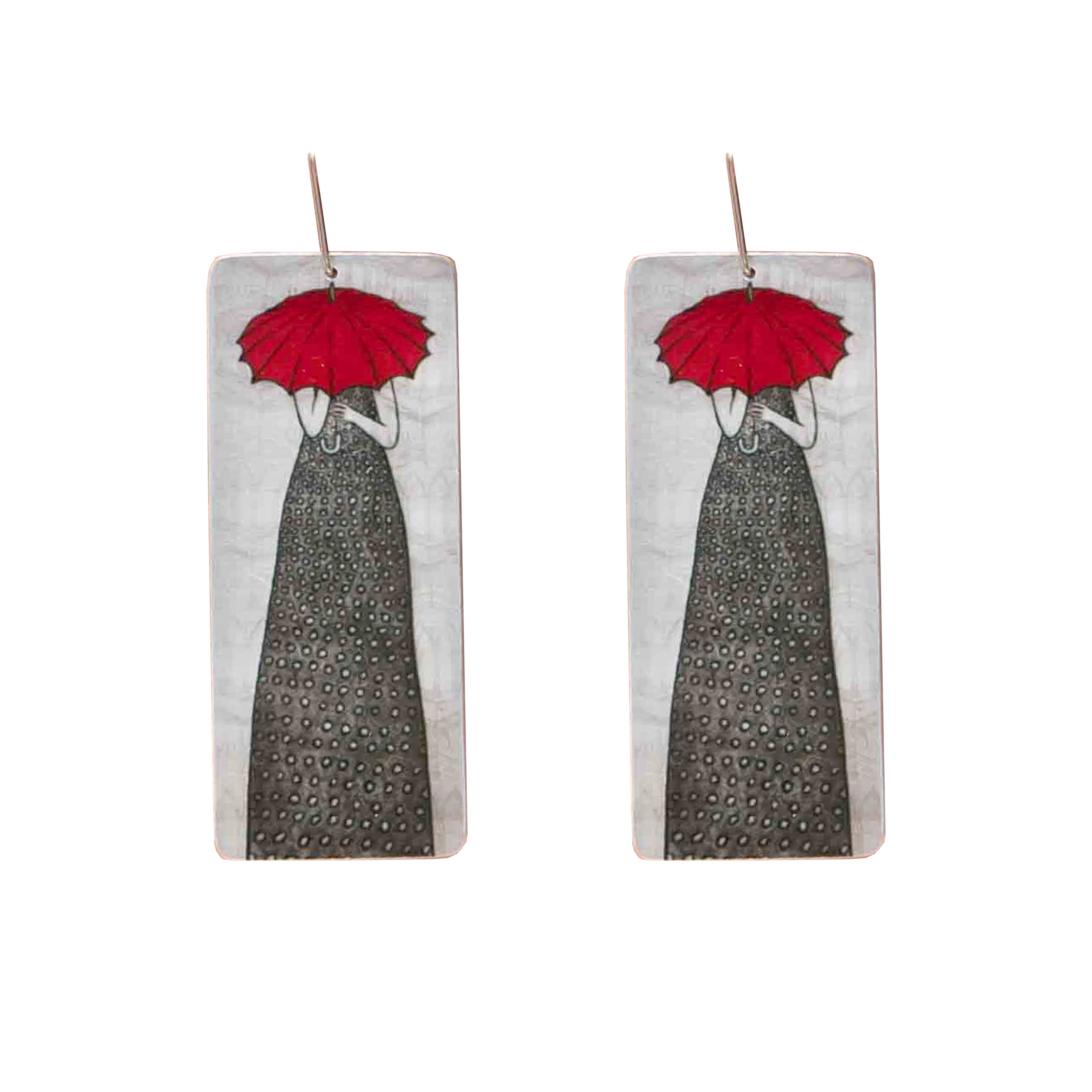 Rectangular Red Umbrella Lady Earrings