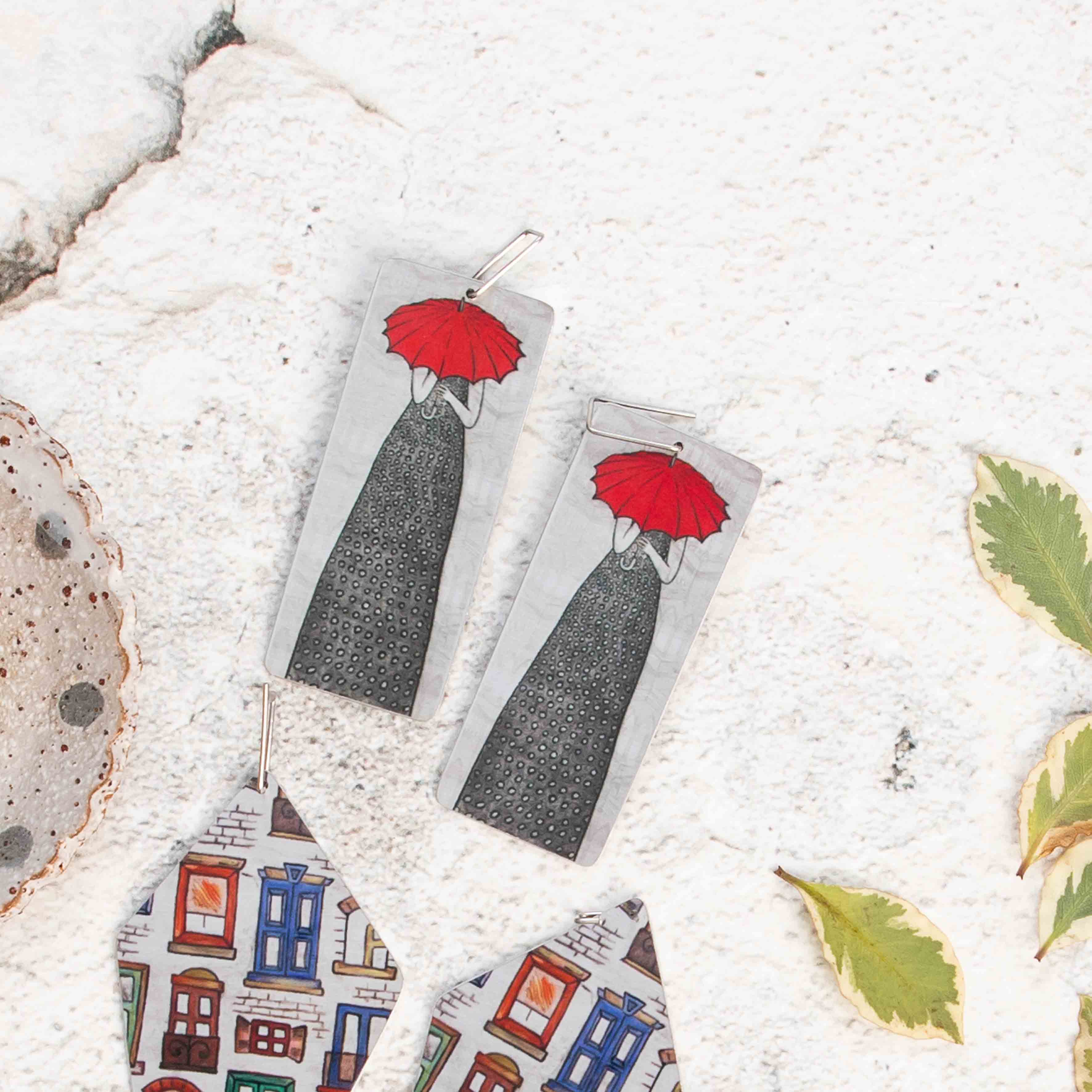 Rectangular Red Umbrella Lady Earrings