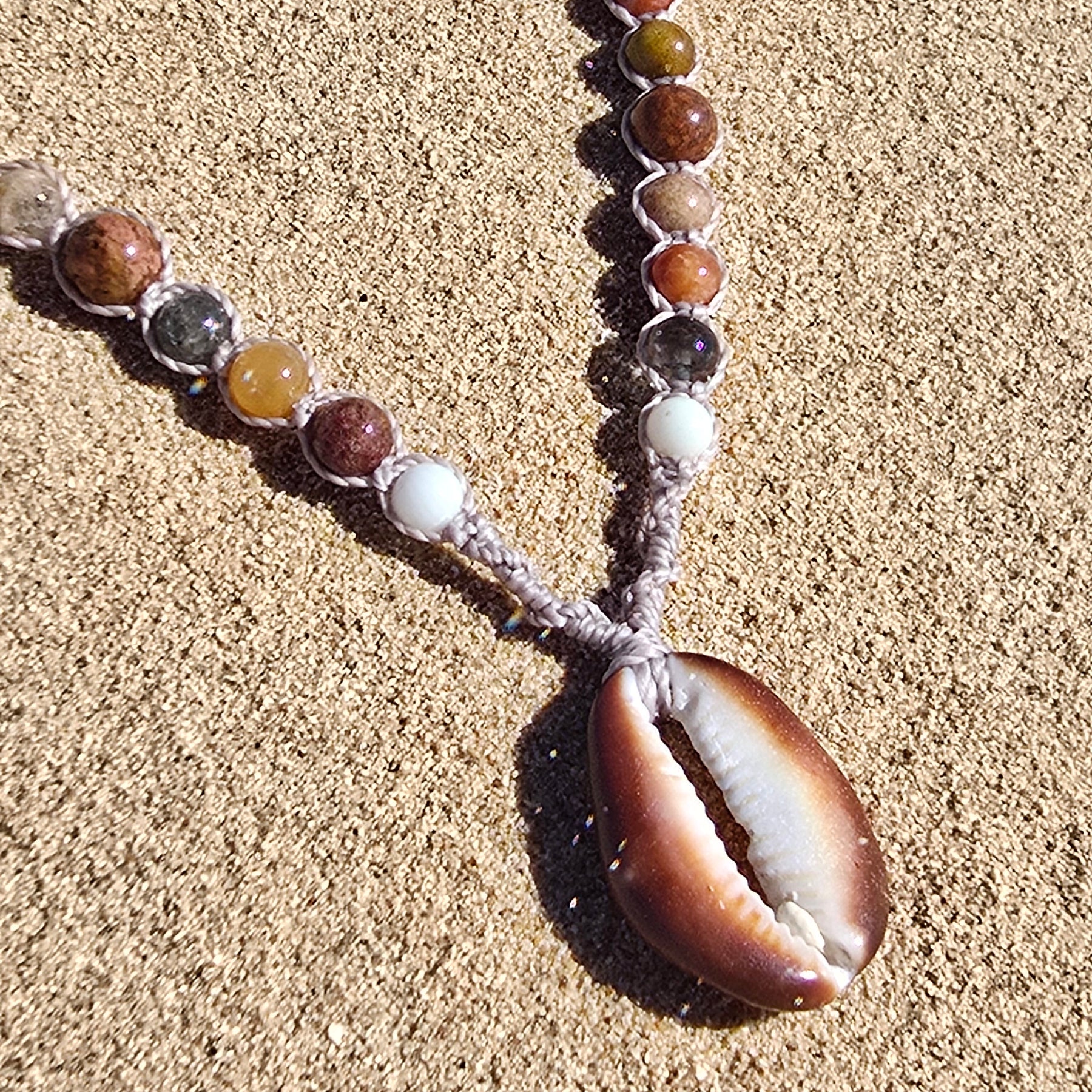 Cowrie Shell and Ocean Agate macrame Necklace