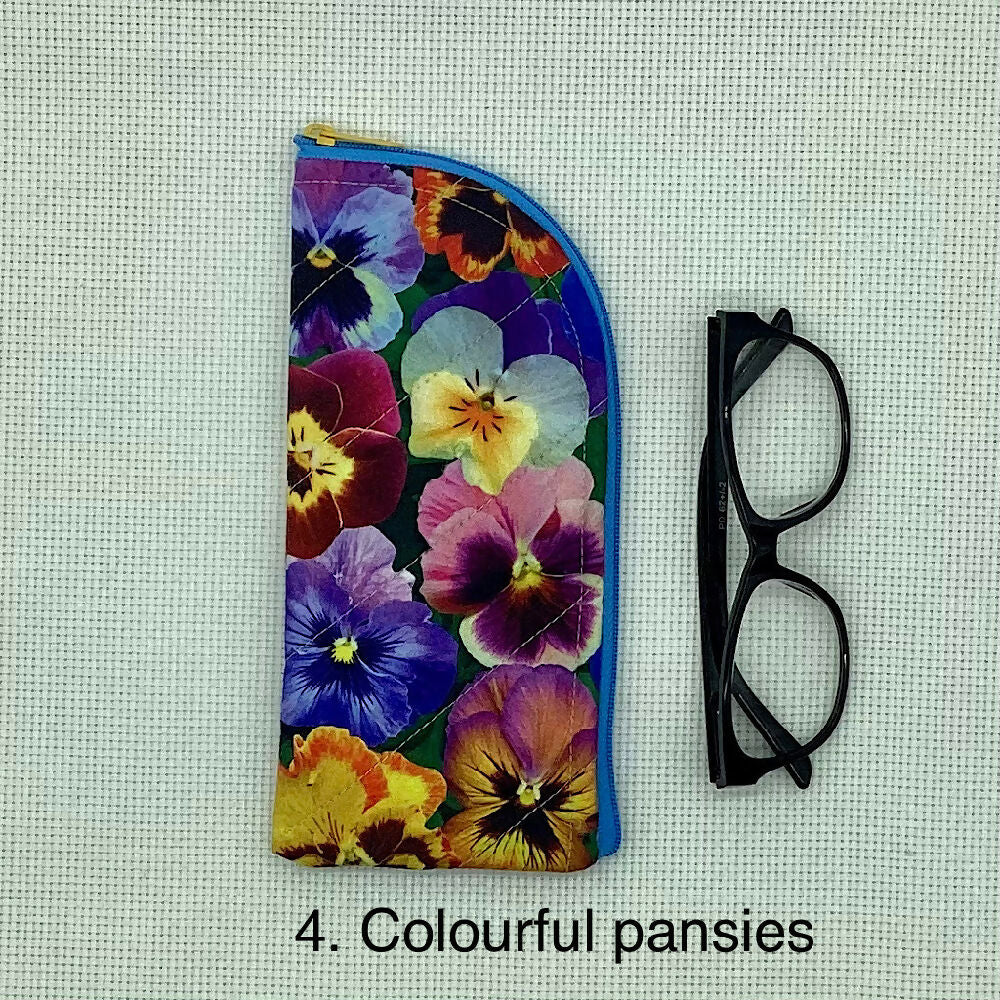 Pansies curved top zip pouch for glasses, phones, handbag organiser, etc.