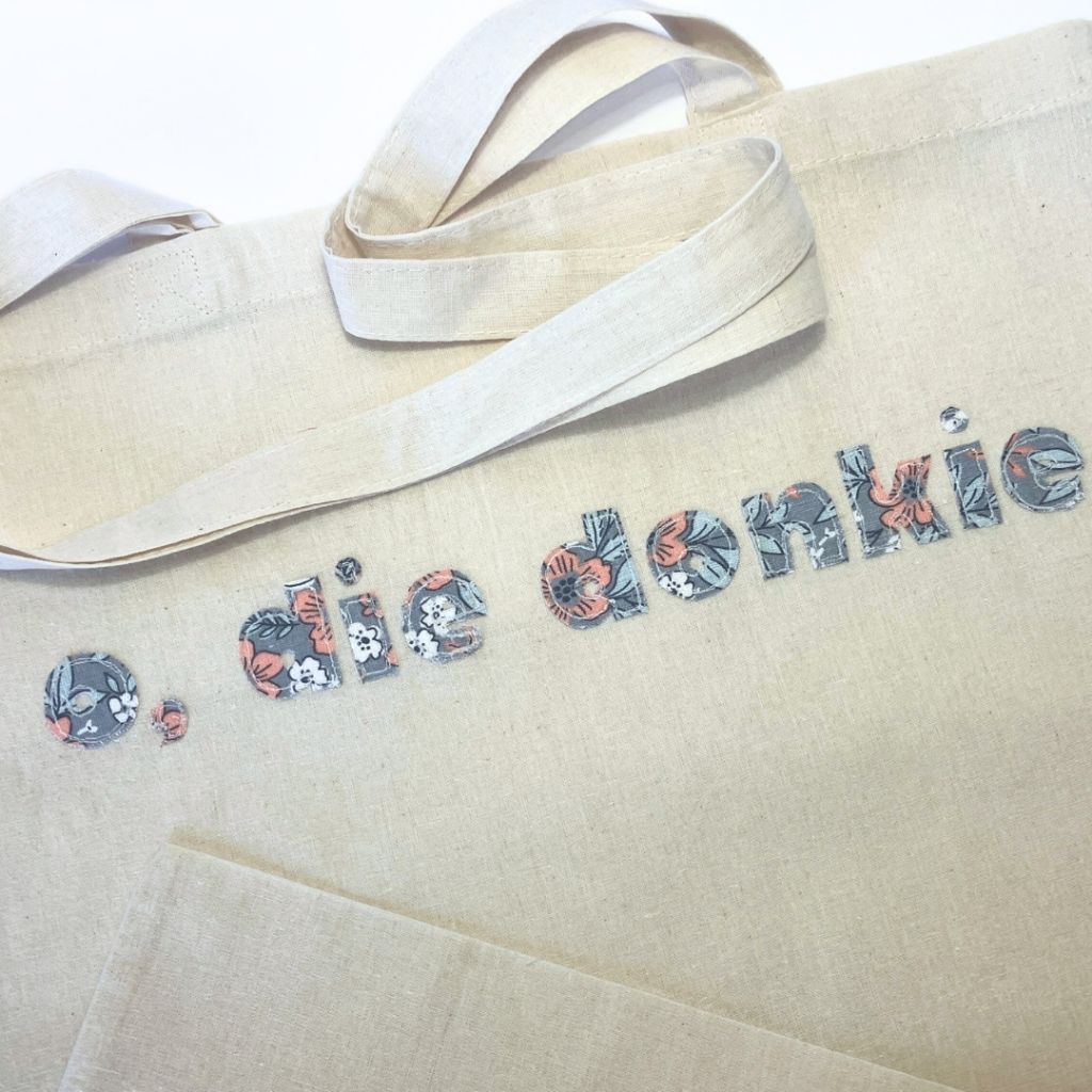Tote Bag| Gift Bag | Raw Edge Floral Appliqué | Cheeky Afrikaans Word| Custom Word
