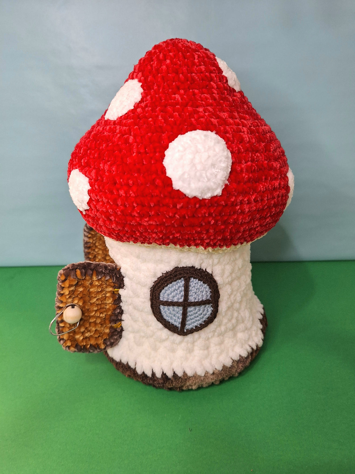 Crocheted Mushroom House Play Set with Two Fairies