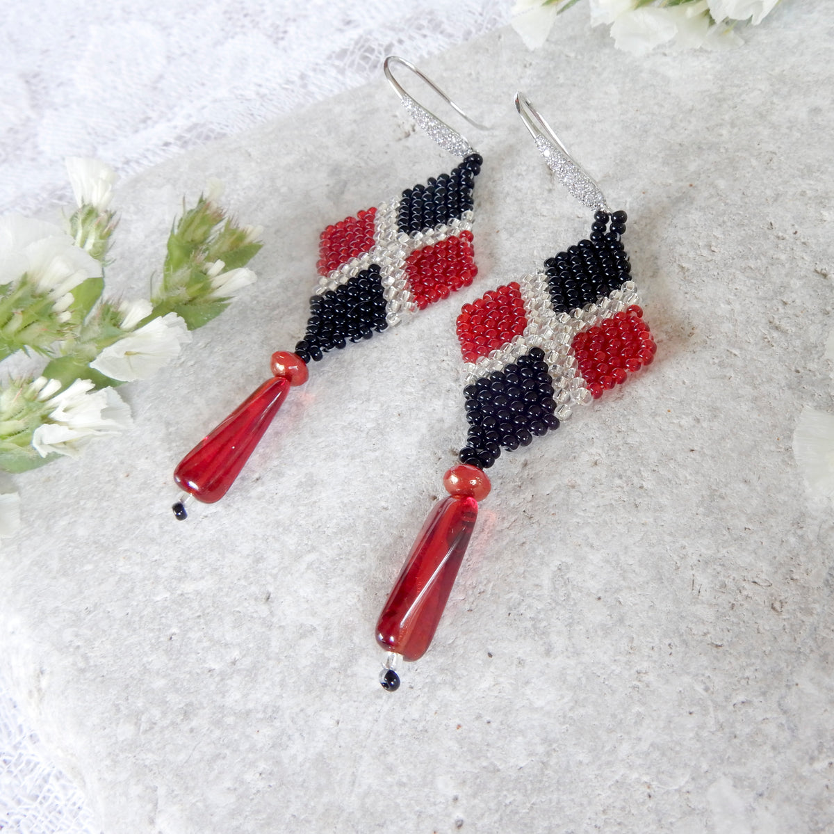 Beaded Earrings in Red & Black
