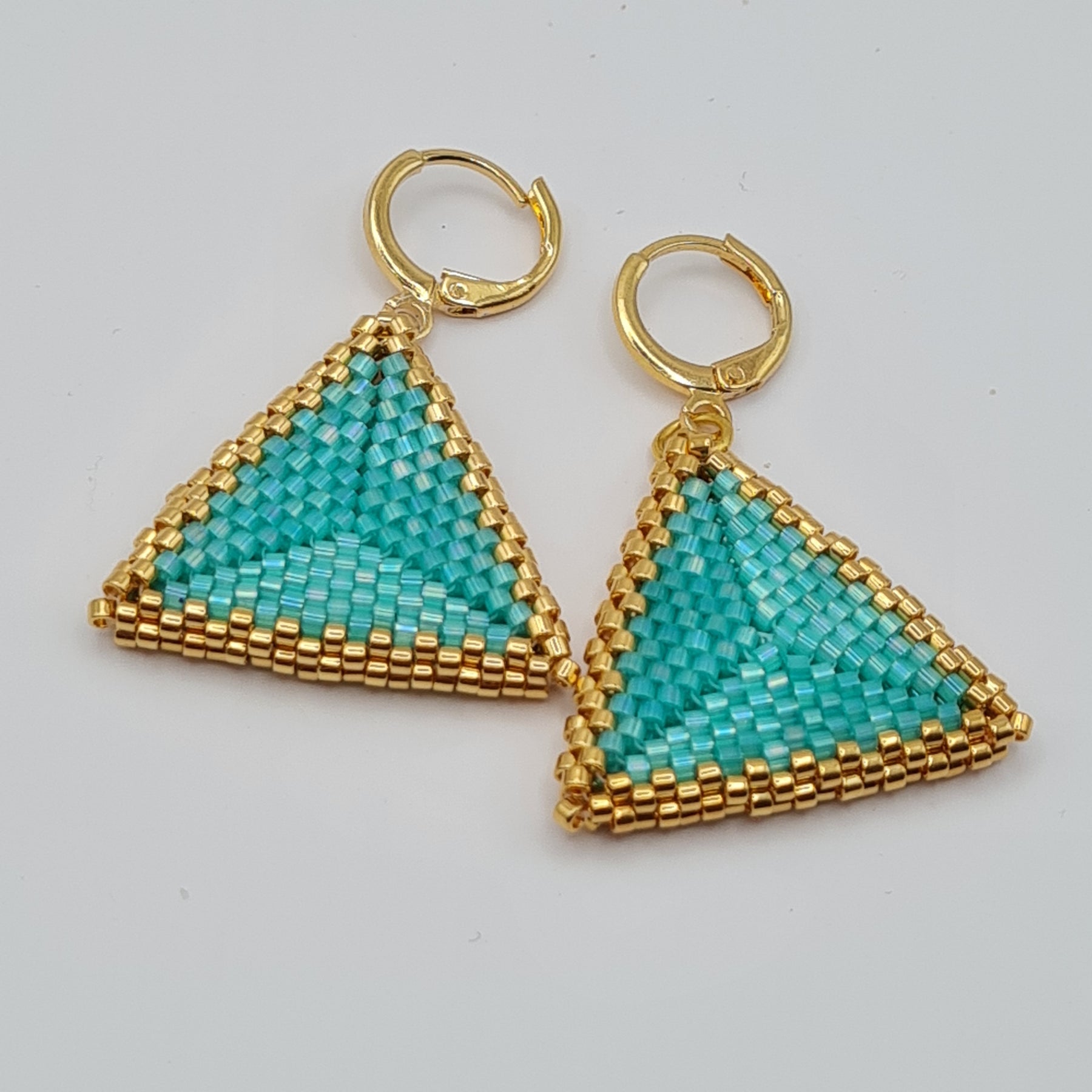 Aqua Sails Beaded Triangle Earrings – Silk Satin Delica & 24ct Gold Plated