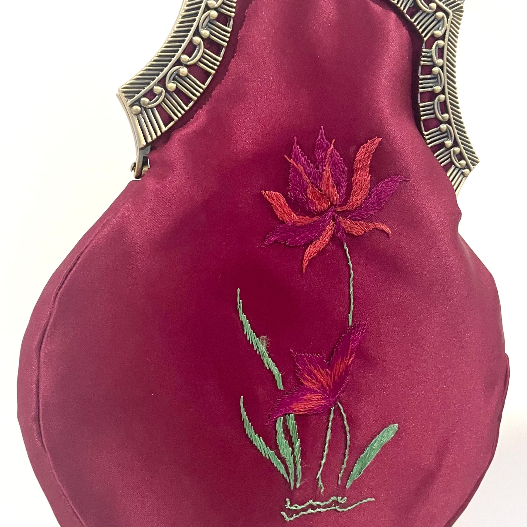 Handmade Plum Satin Handbag, Hand-Embroidered, Brass Clasp