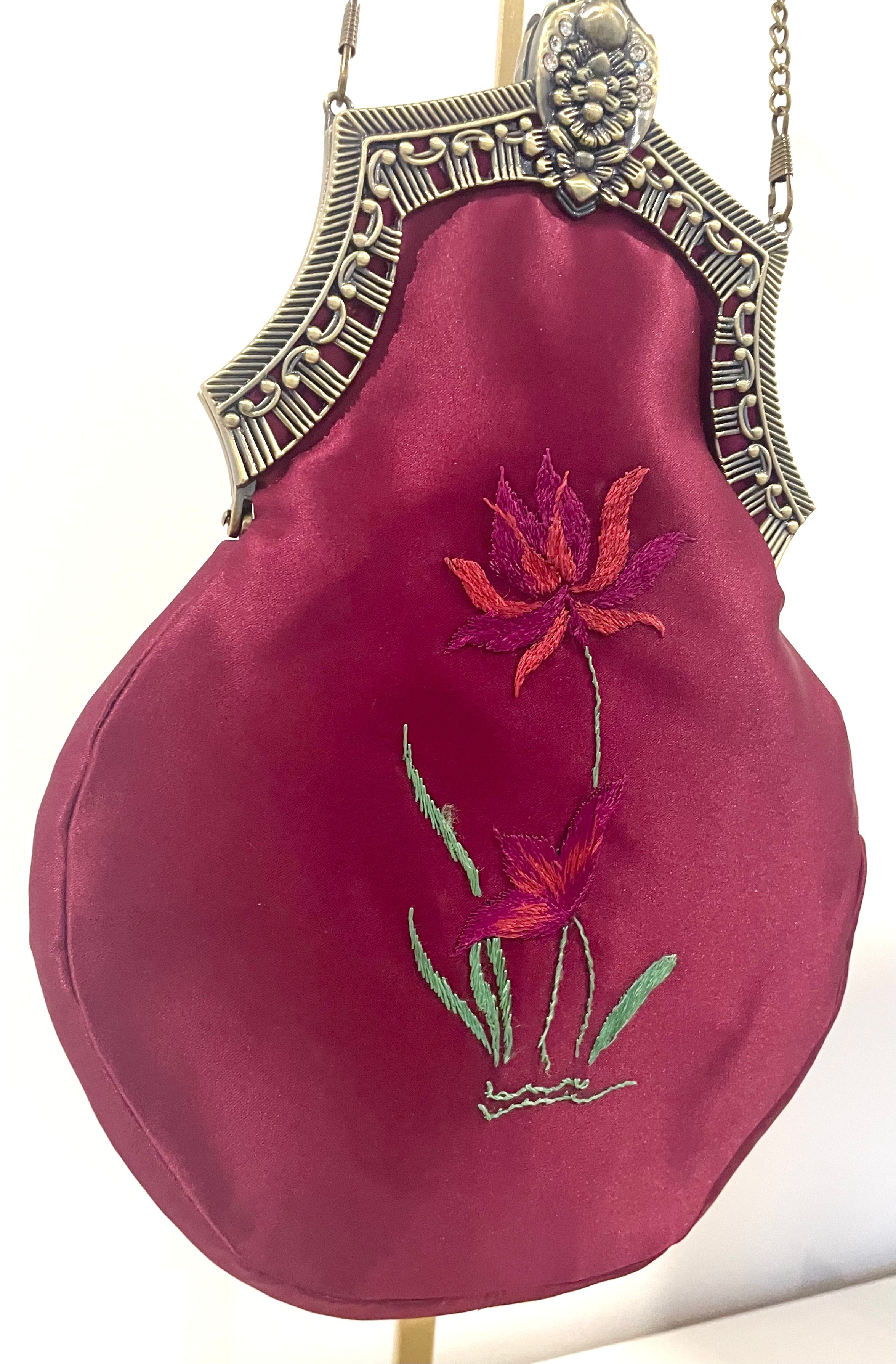 Handmade Plum Satin Handbag, Hand-Embroidered, Brass Clasp