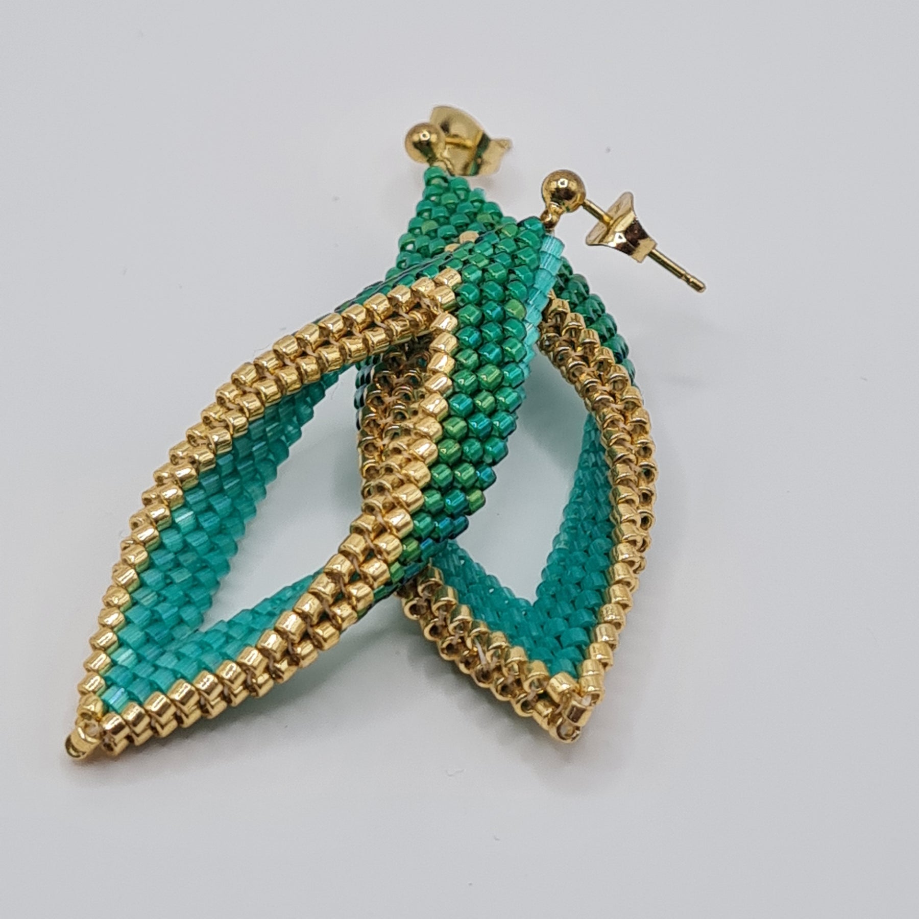 Emerald Lagoon Beaded Leaf Earrings – Green & Gold Delica Drops