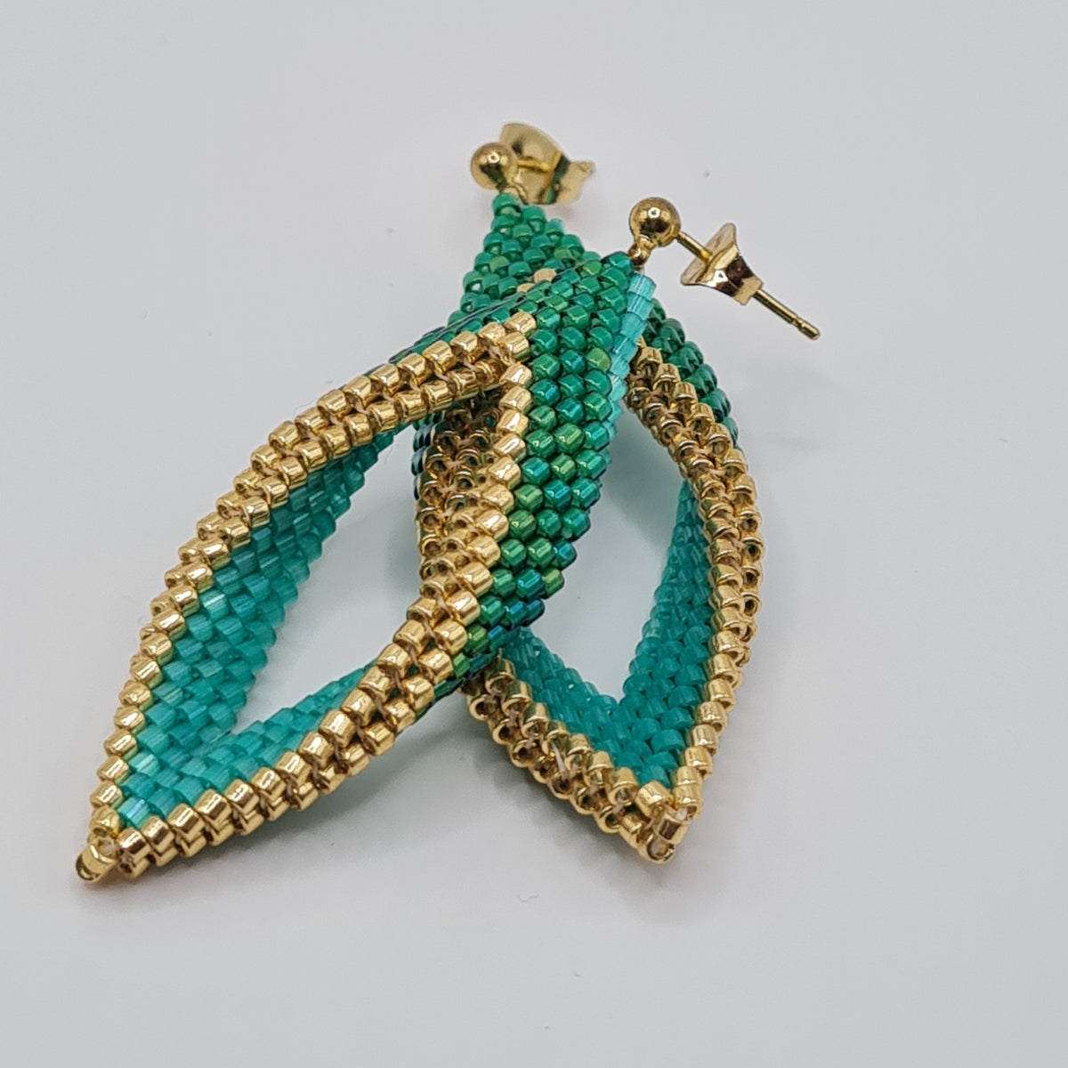 Emerald Lagoon Beaded Leaf Earrings – Green & Gold Delica Drops