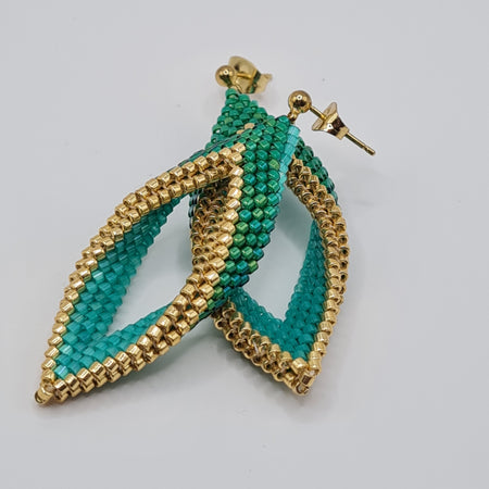 Emerald Lagoon Beaded Leaf Earrings – Green & Gold Delica Drops