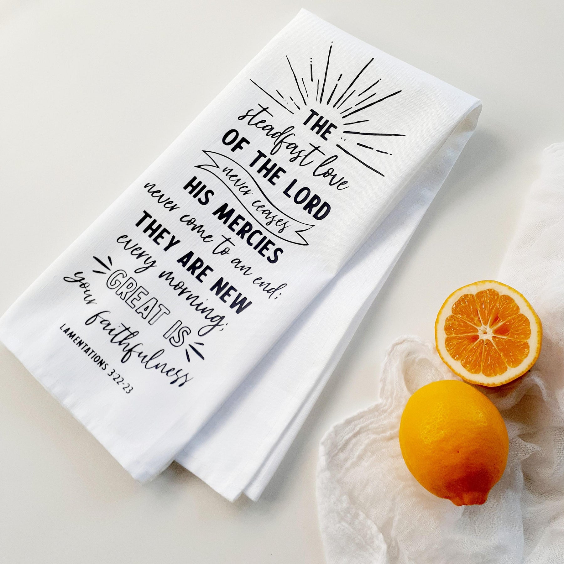 Christian Tea Towel, Lamentations 3:22‑23, Scripture Decor, Linen Cotton, Faith Gift, Inspirational Kitchen Towel