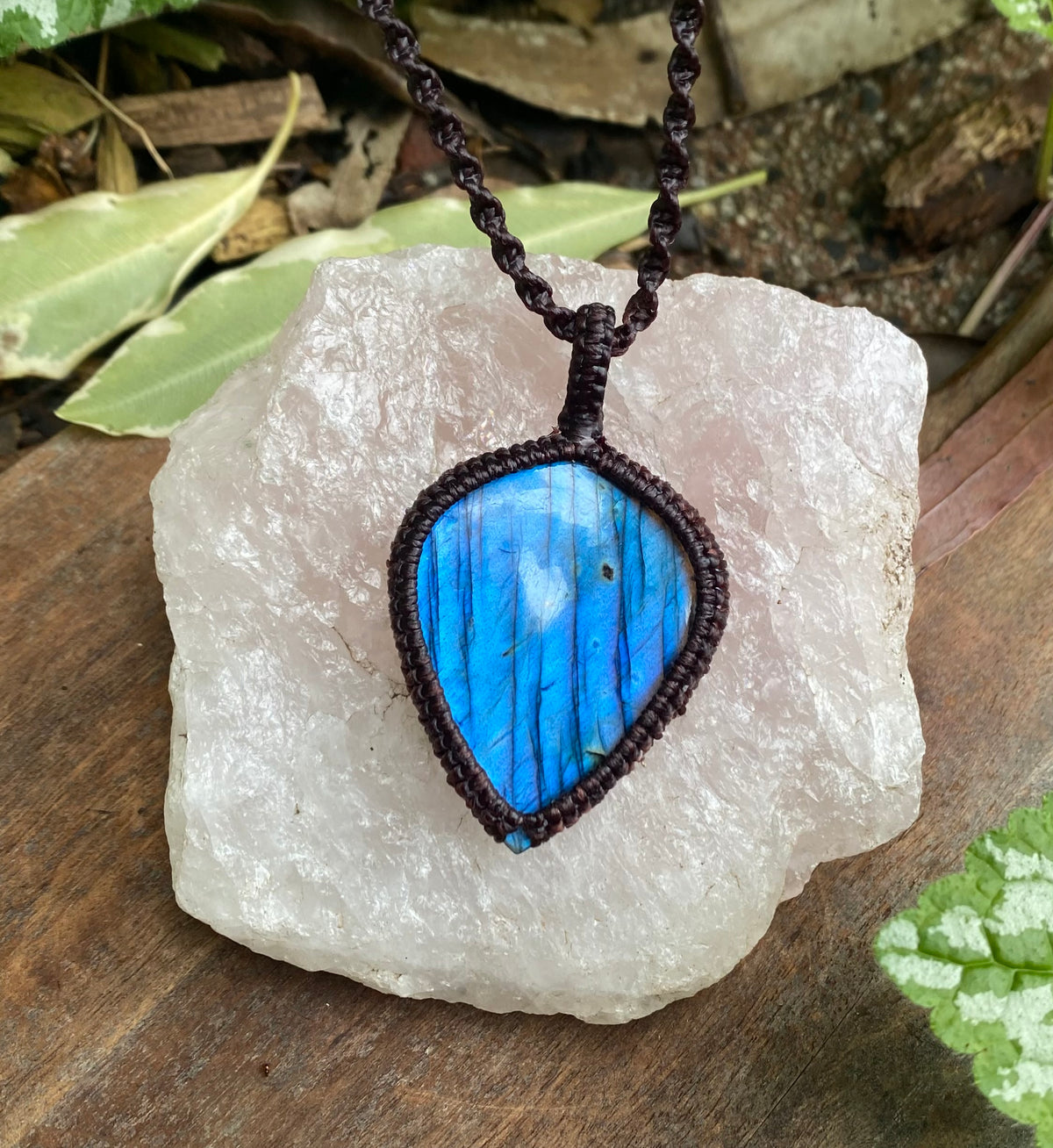 Labradorite Pendant: Blue flash Beaded Macrame, Adjustable Boho Gift