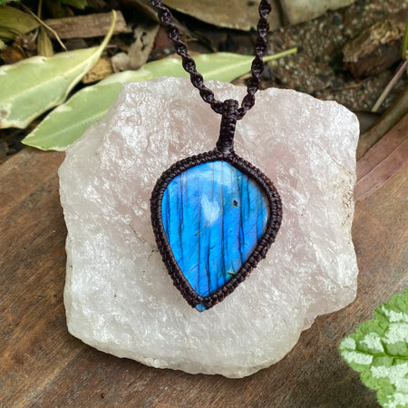 Labradorite Pendant: Blue flash Beaded Macrame, Adjustable Boho Gift