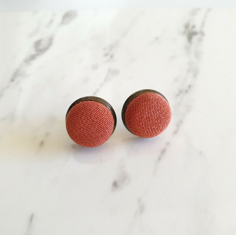 1.4cm Round Brown Kimono Fabric Cabochon stud earrings