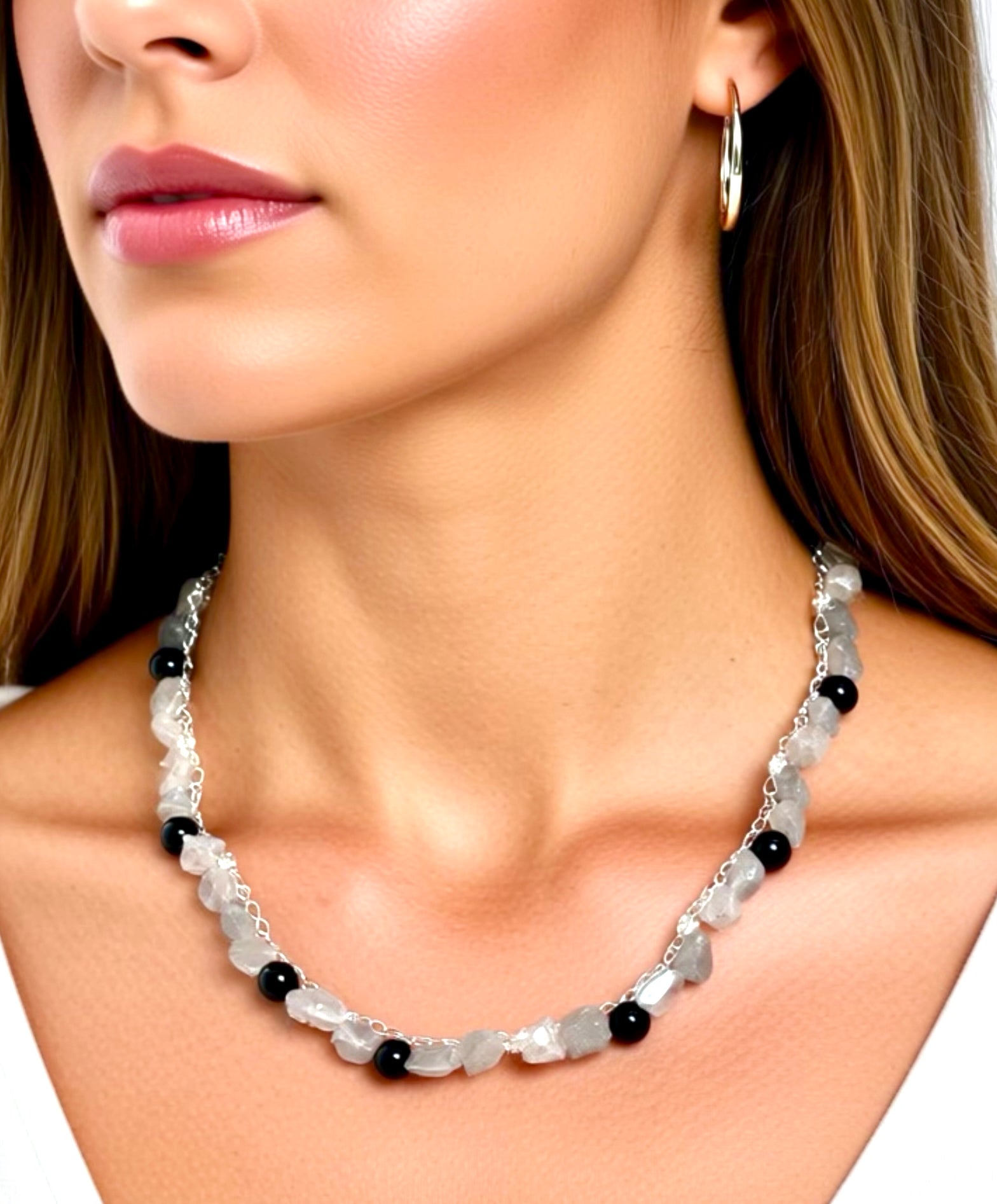 “Smoke” — Labradorite and obsidian crochet necklace