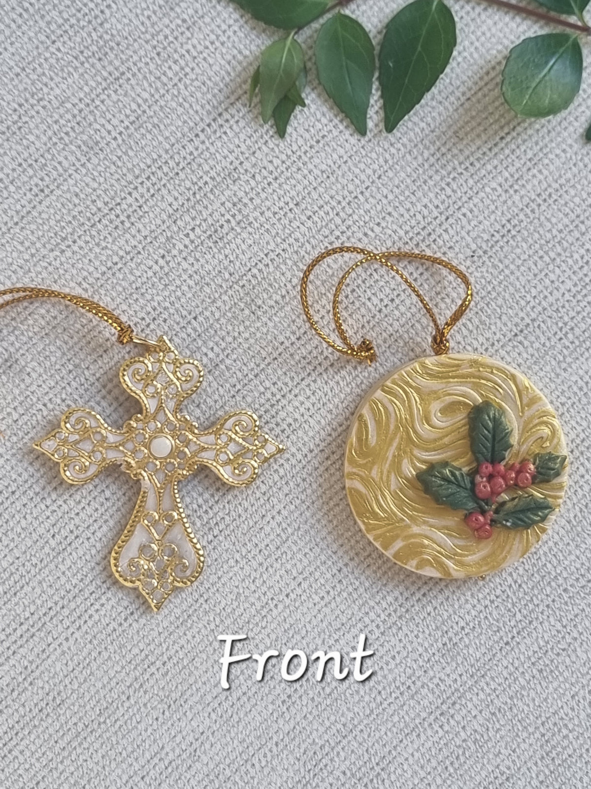 Golden Christmas Tree Deco Pair - Cross and Bauble