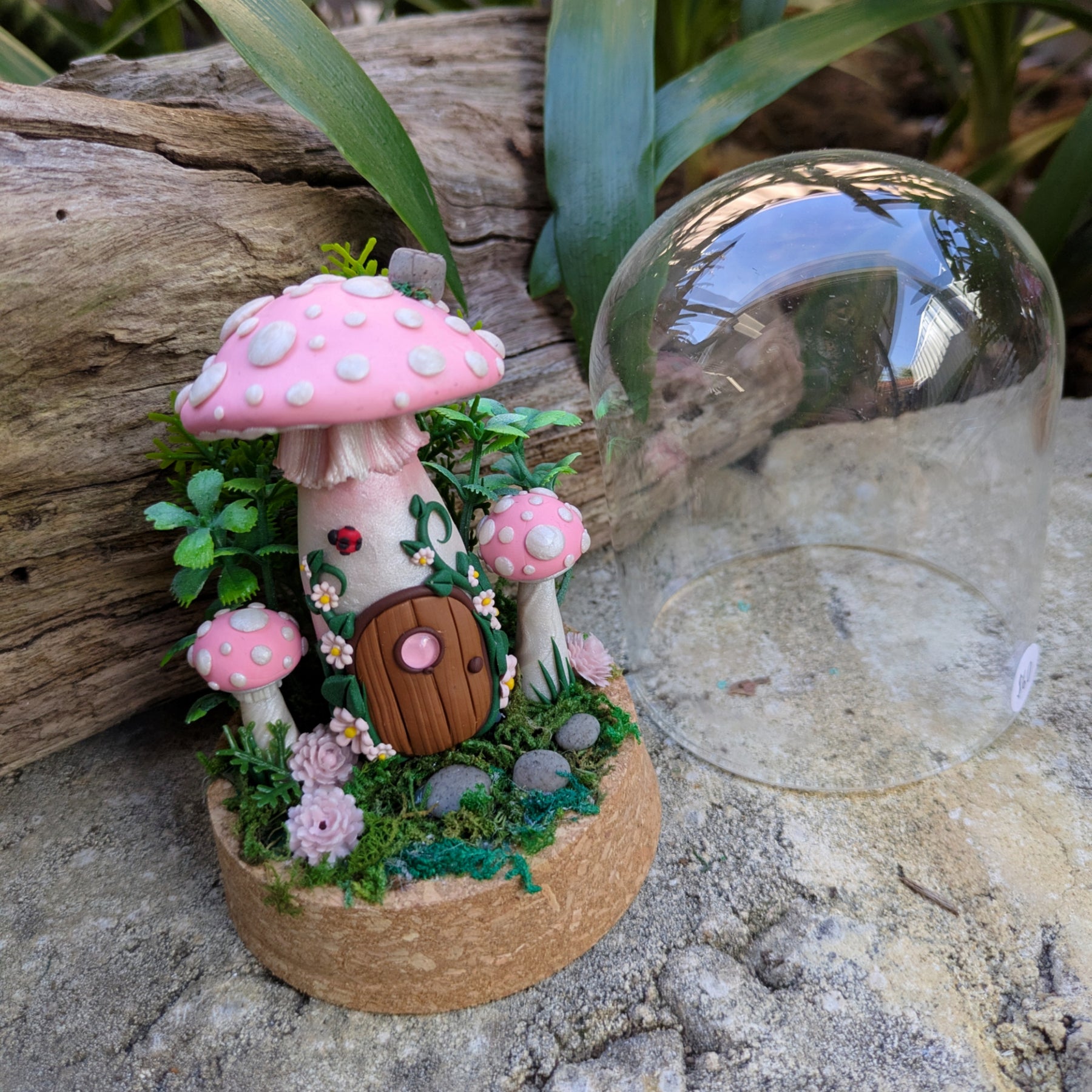 Pink Fairy Mushroom Houses in glass domes