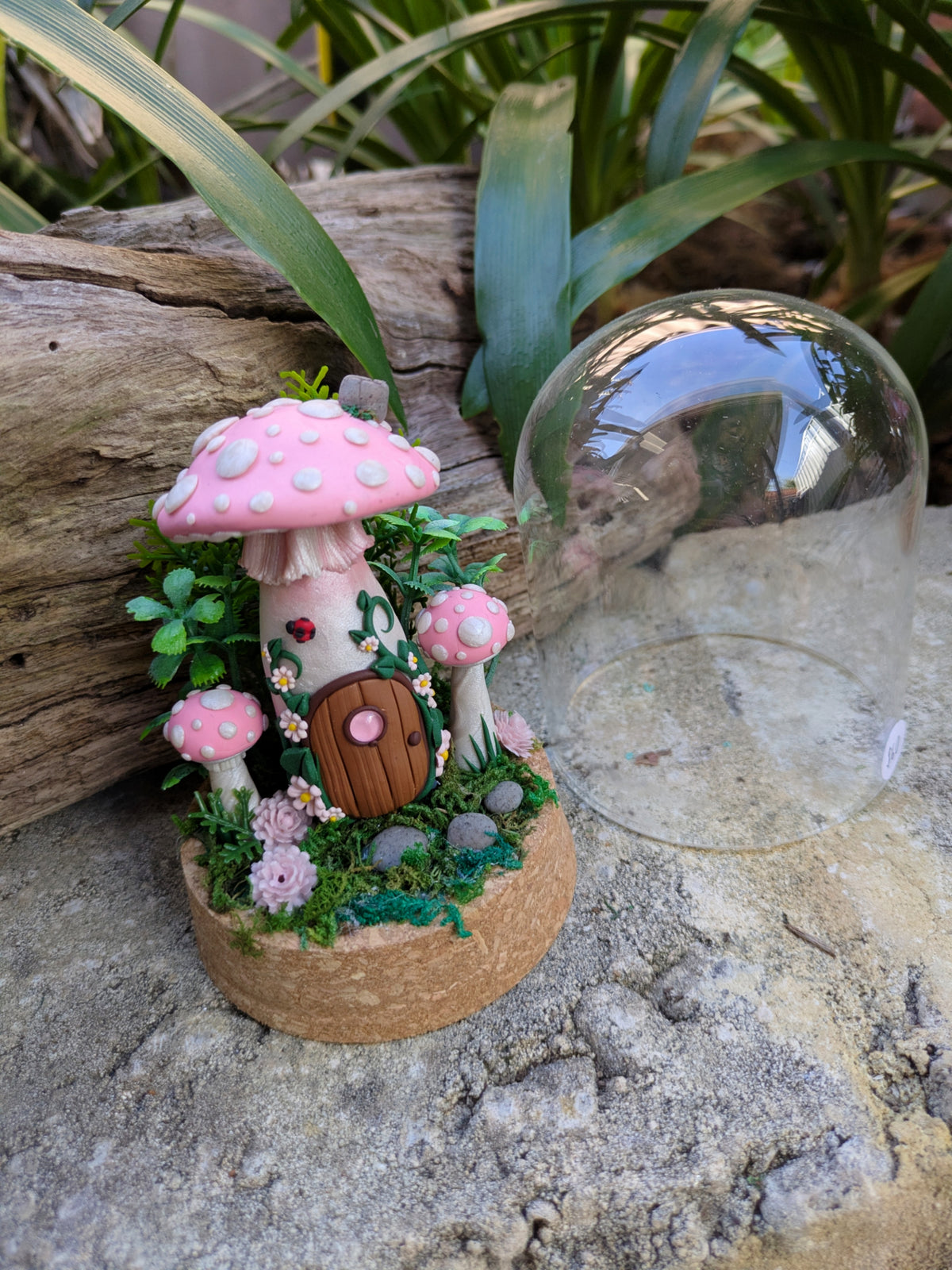 Pink Fairy Mushroom Houses in glass domes