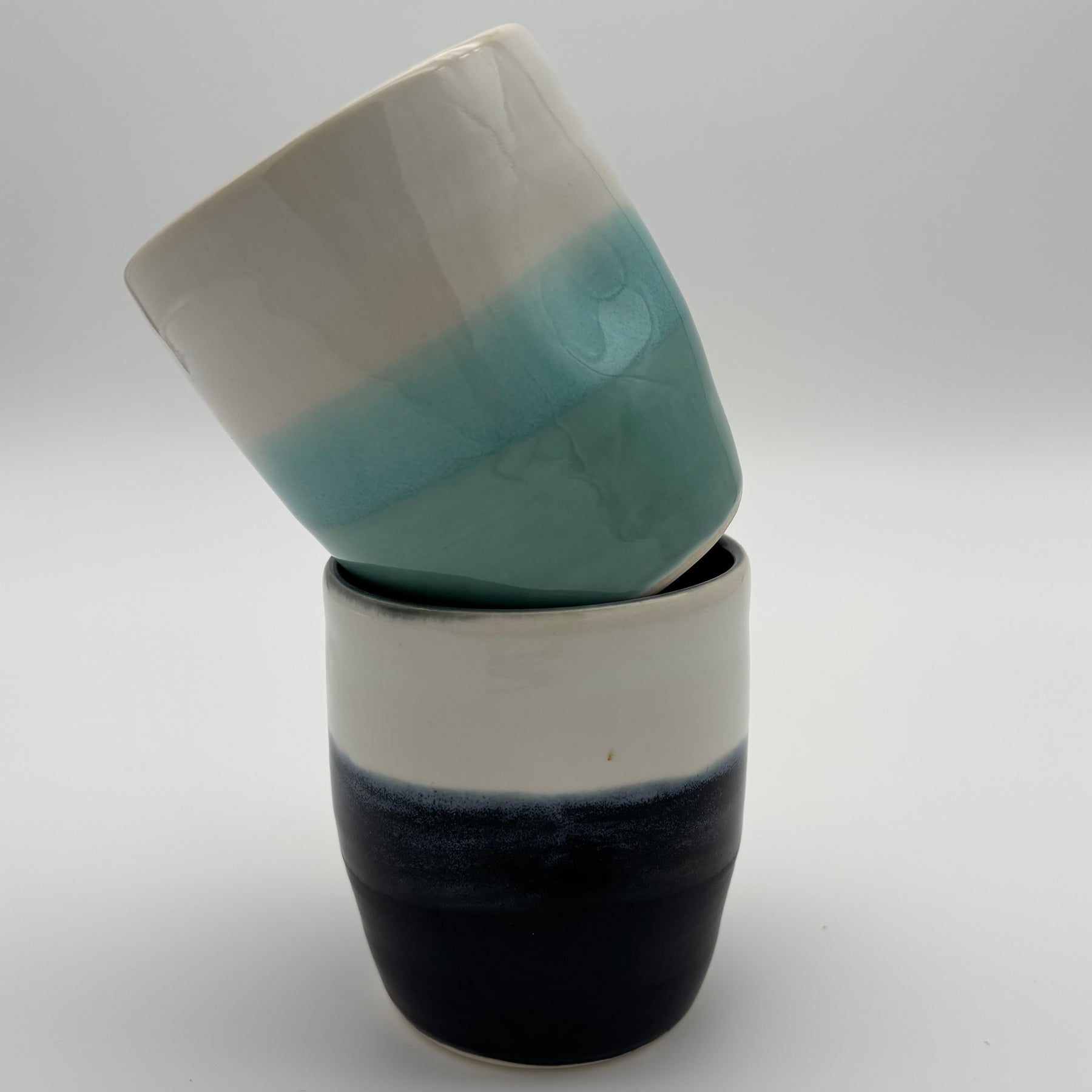 Handmade Ceramic Stoneware Cup | Wheel Thrown | Handleless | Thumb Print | Duo Colours