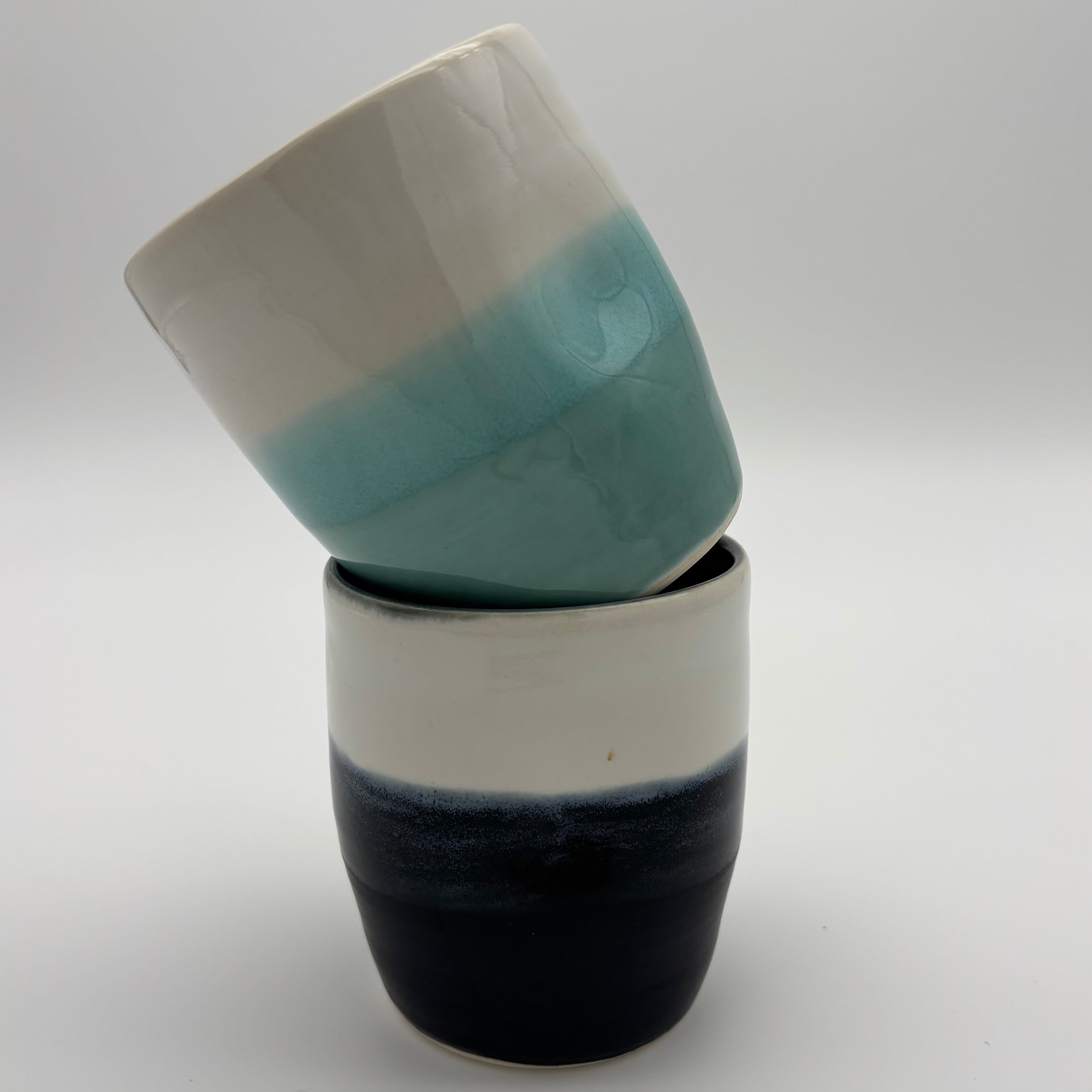 Handmade Ceramic Stoneware Cup | Wheel Thrown | Handleless | Thumb Print | Duo Colours