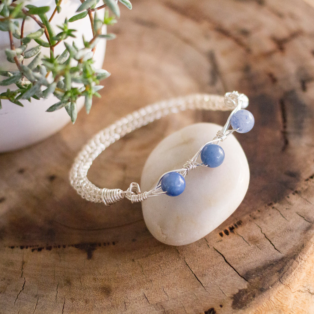 Blue Aventurine Silver Wire Knitted Bangle Bracelet