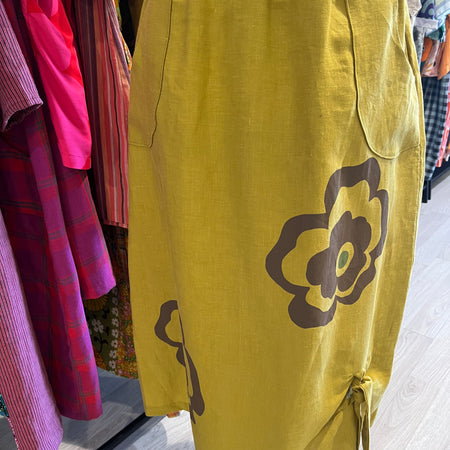 gorgeous mustardy linen, screenprinted skirt - small 8-10 - violetclothing - free postage