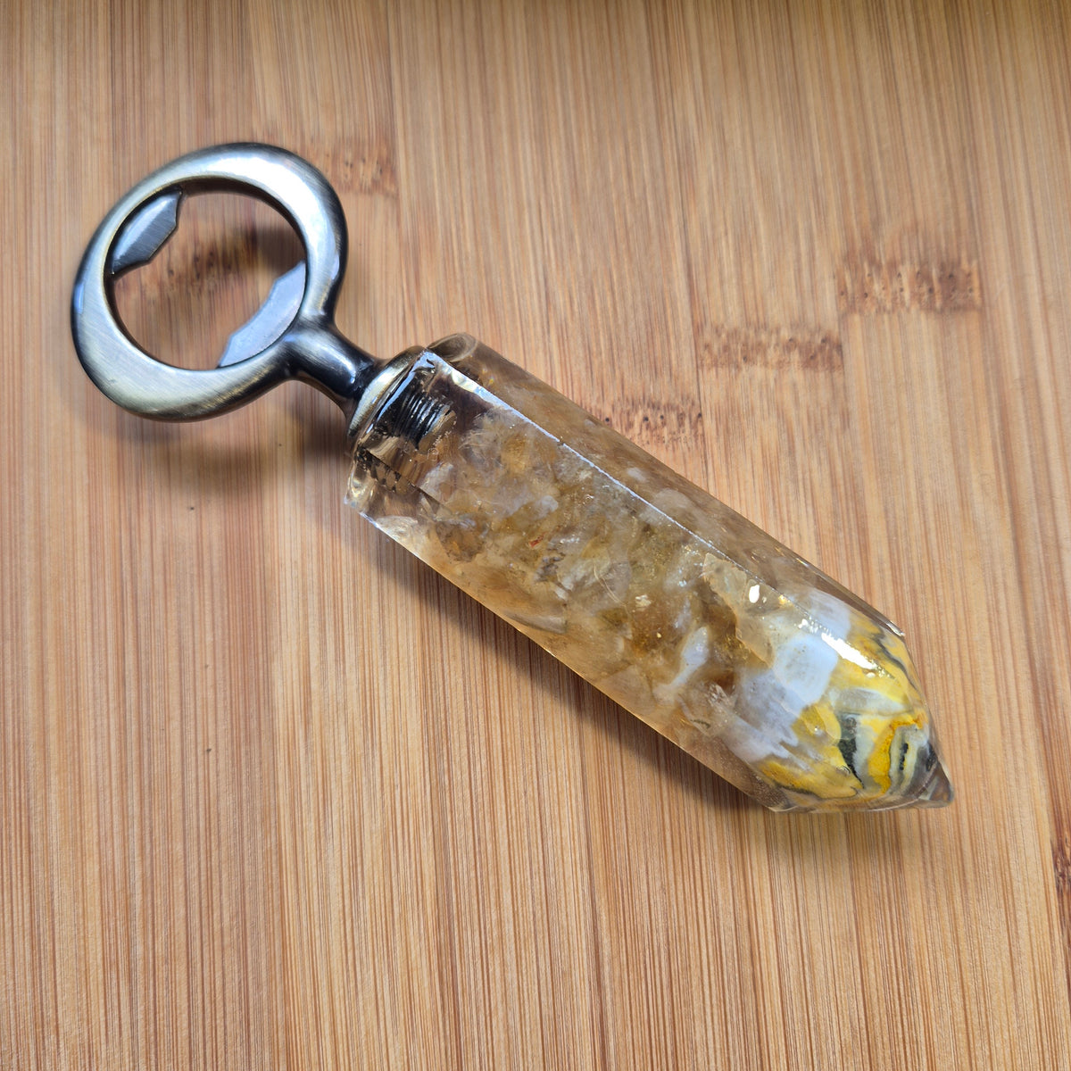 Handmade Resin Bottle Opener with embedded Jasper and Citrine