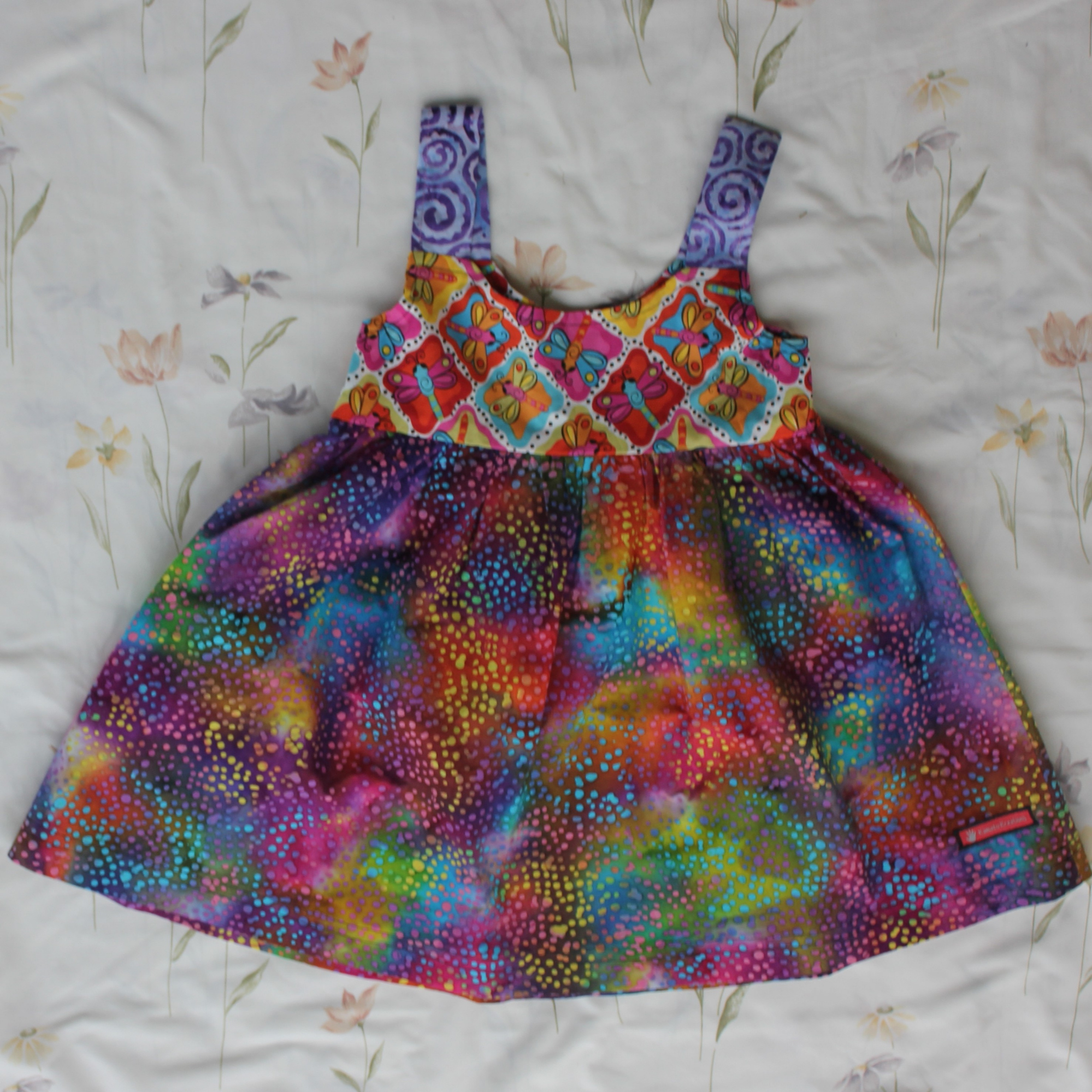 Girls Dress, Size 4, Bright Dragonflies/Spots/Spirals.