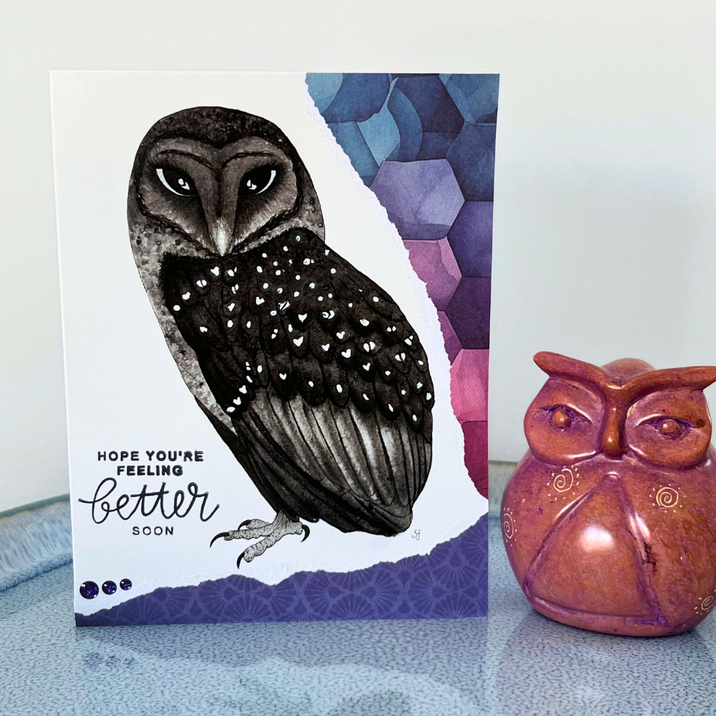 Sooty owl "Hope you're feeling better soon" card