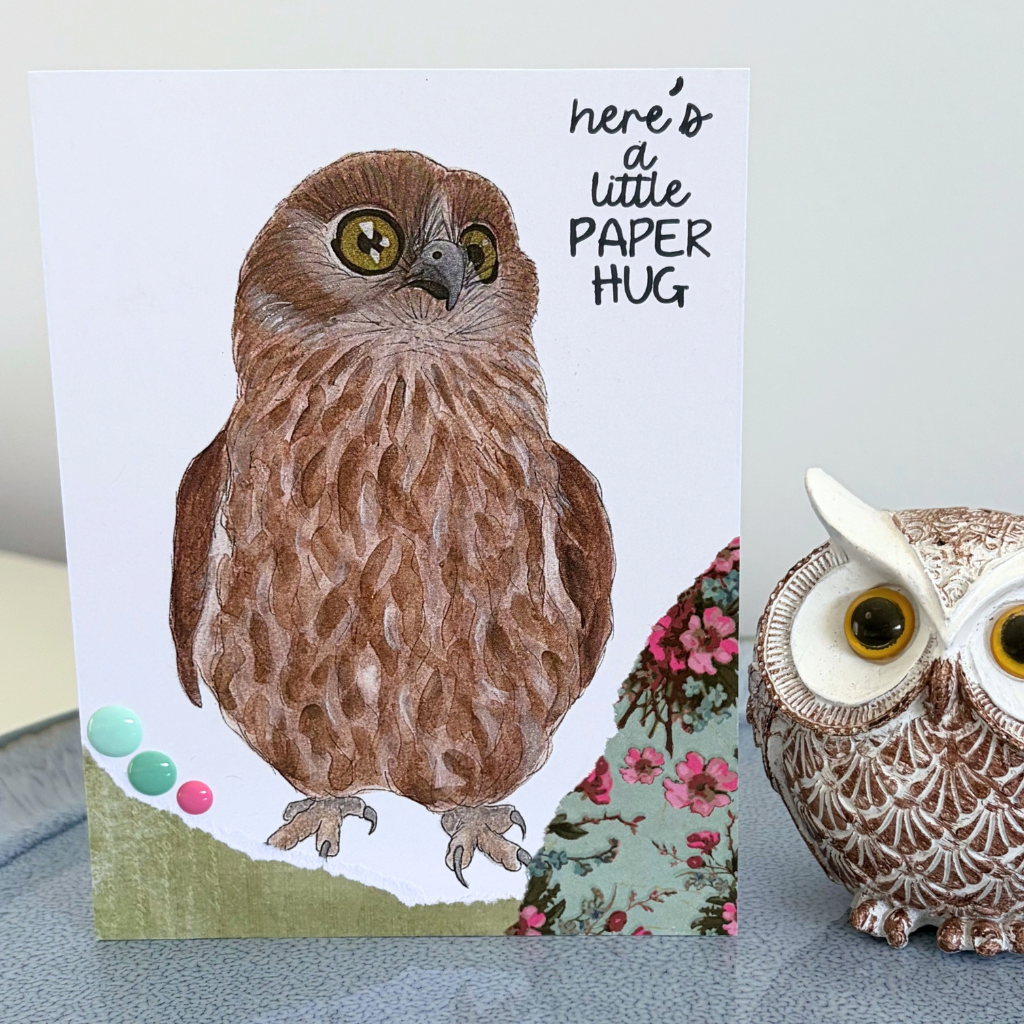 Barking owl "Here's a little paper hug" card