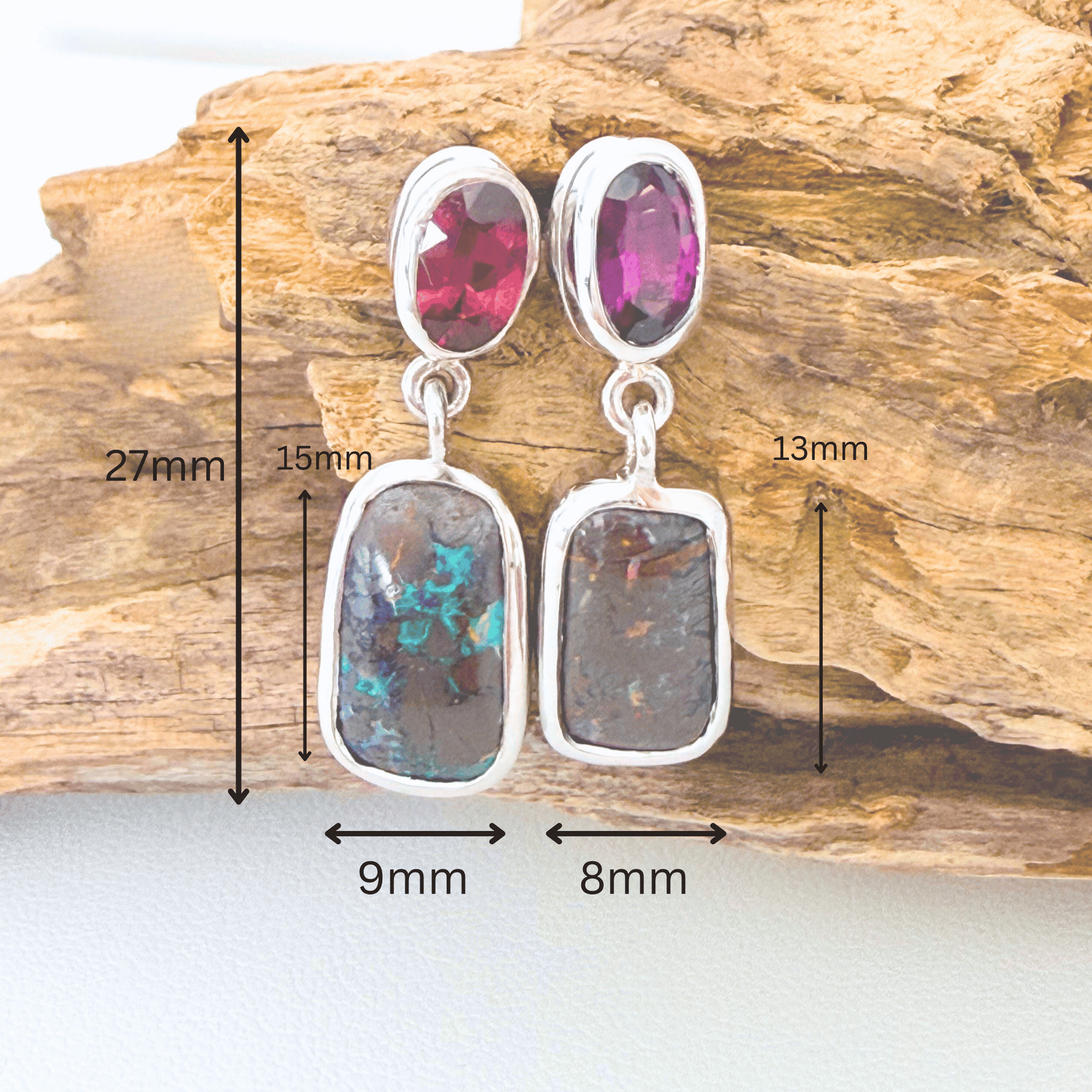 Australian Boulder Opal and Rhodolite Garnet Drop Earrings in 925 Sterling Silver