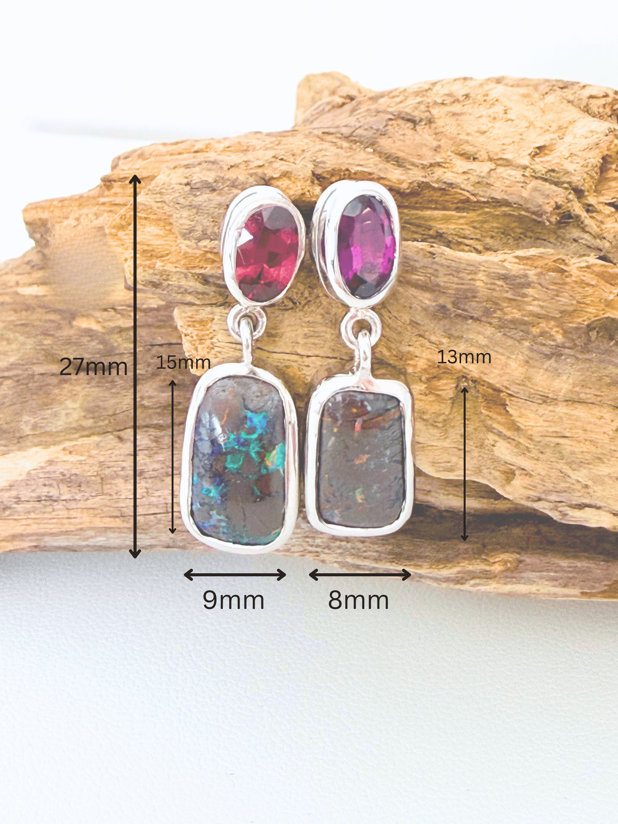 Australian Boulder Opal and Rhodolite Garnet Drop Earrings in 925 Sterling Silver