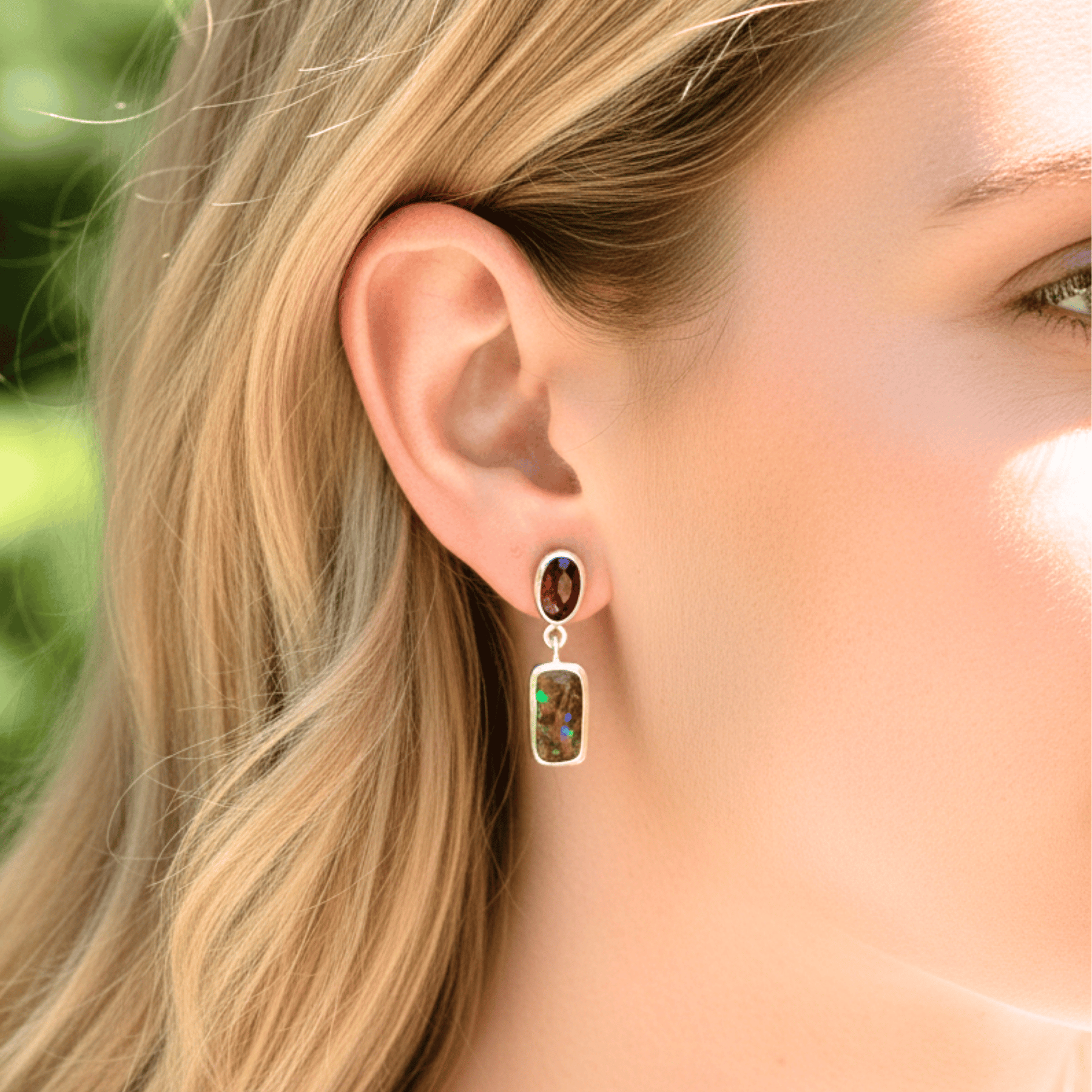 Australian Boulder Opal and Rhodolite Garnet Drop Earrings in 925 Sterling Silver