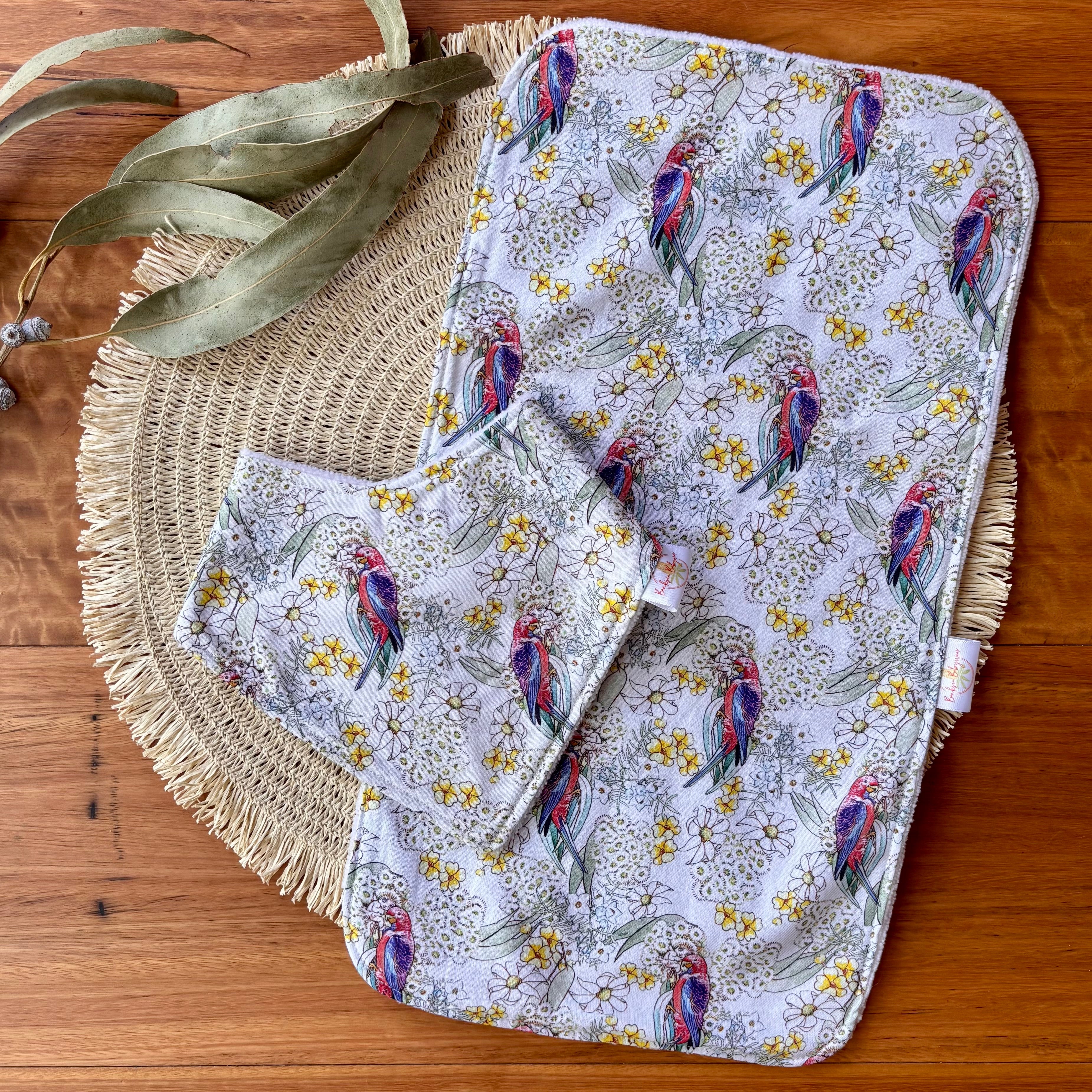 Baby Bib and Burp Cloth Set | May Gibbs Rosellas | Made to Order