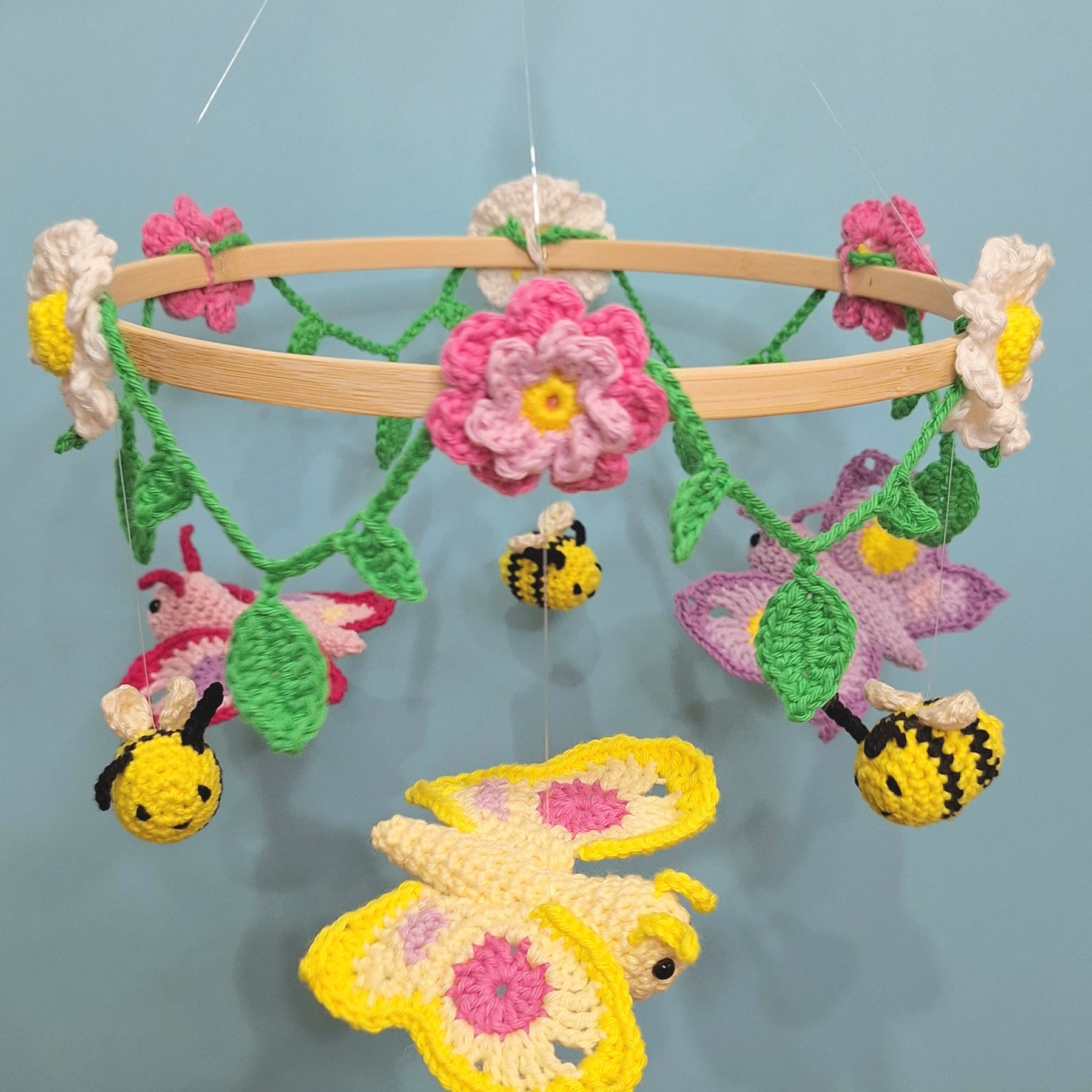 Crocheted Butterfly and Bee Springtime mobile