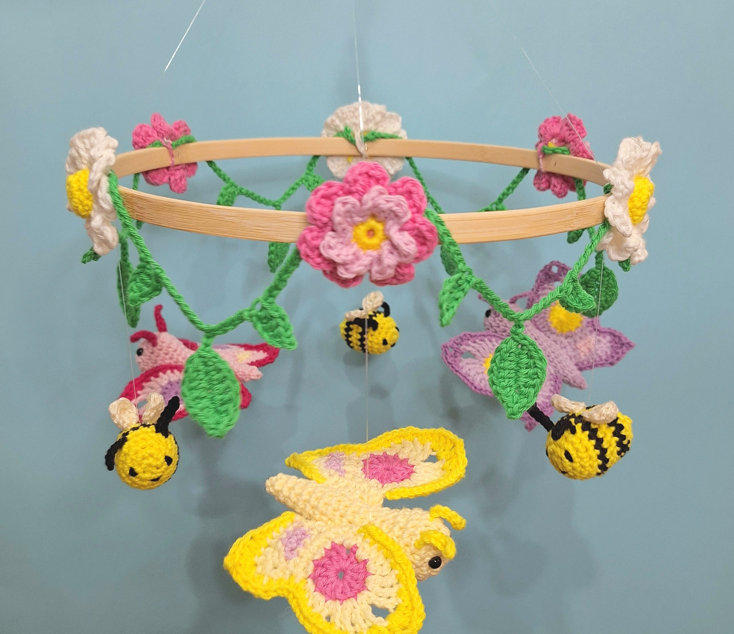Crocheted Butterfly and Bee Springtime mobile