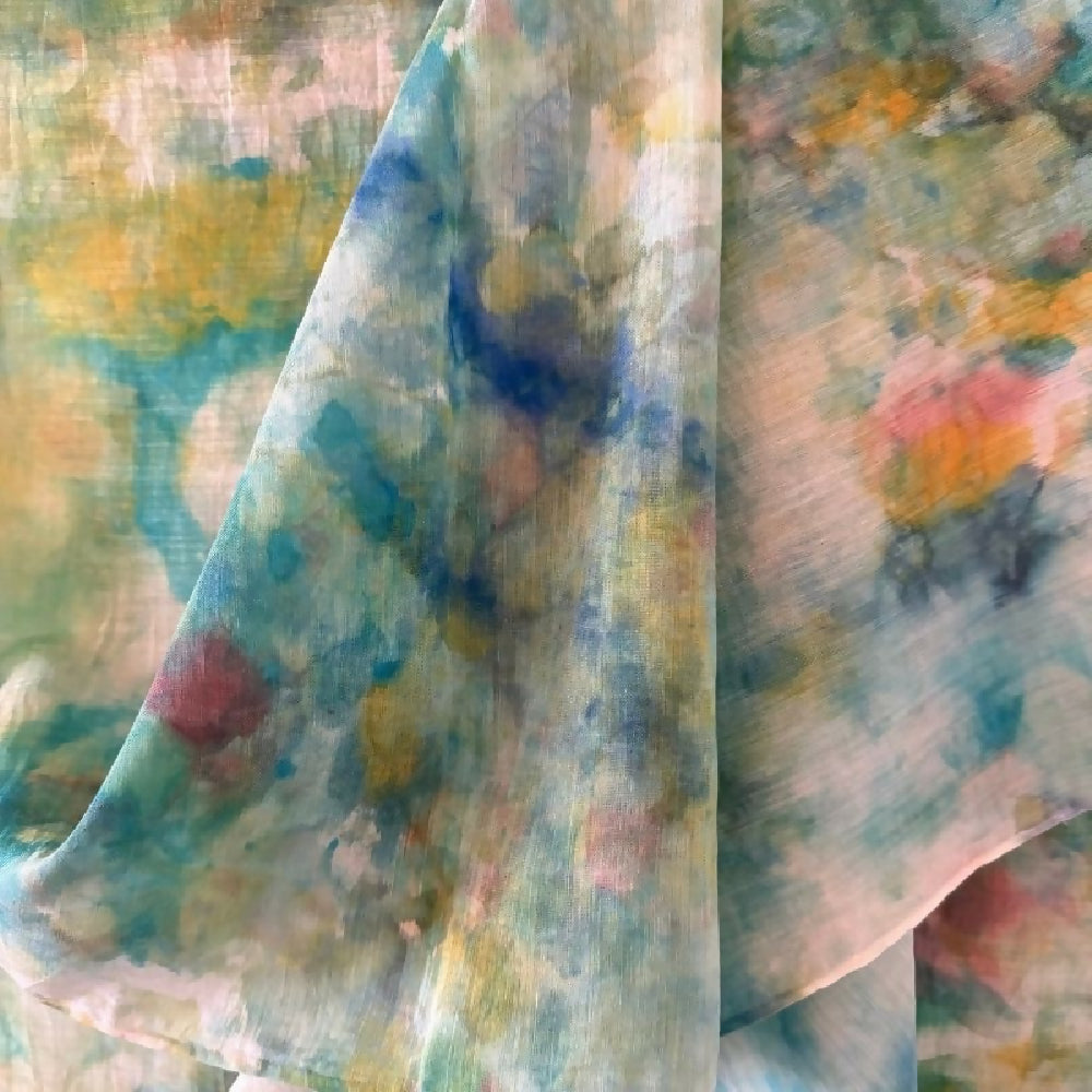 Hand painted silk+cotton scarf - lilly pond blues