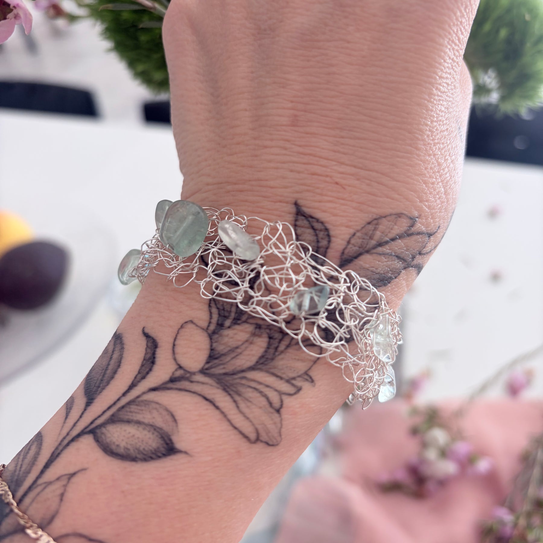 ✨FLUORITE WHISPER✨ Silver-blend crochet bracelet