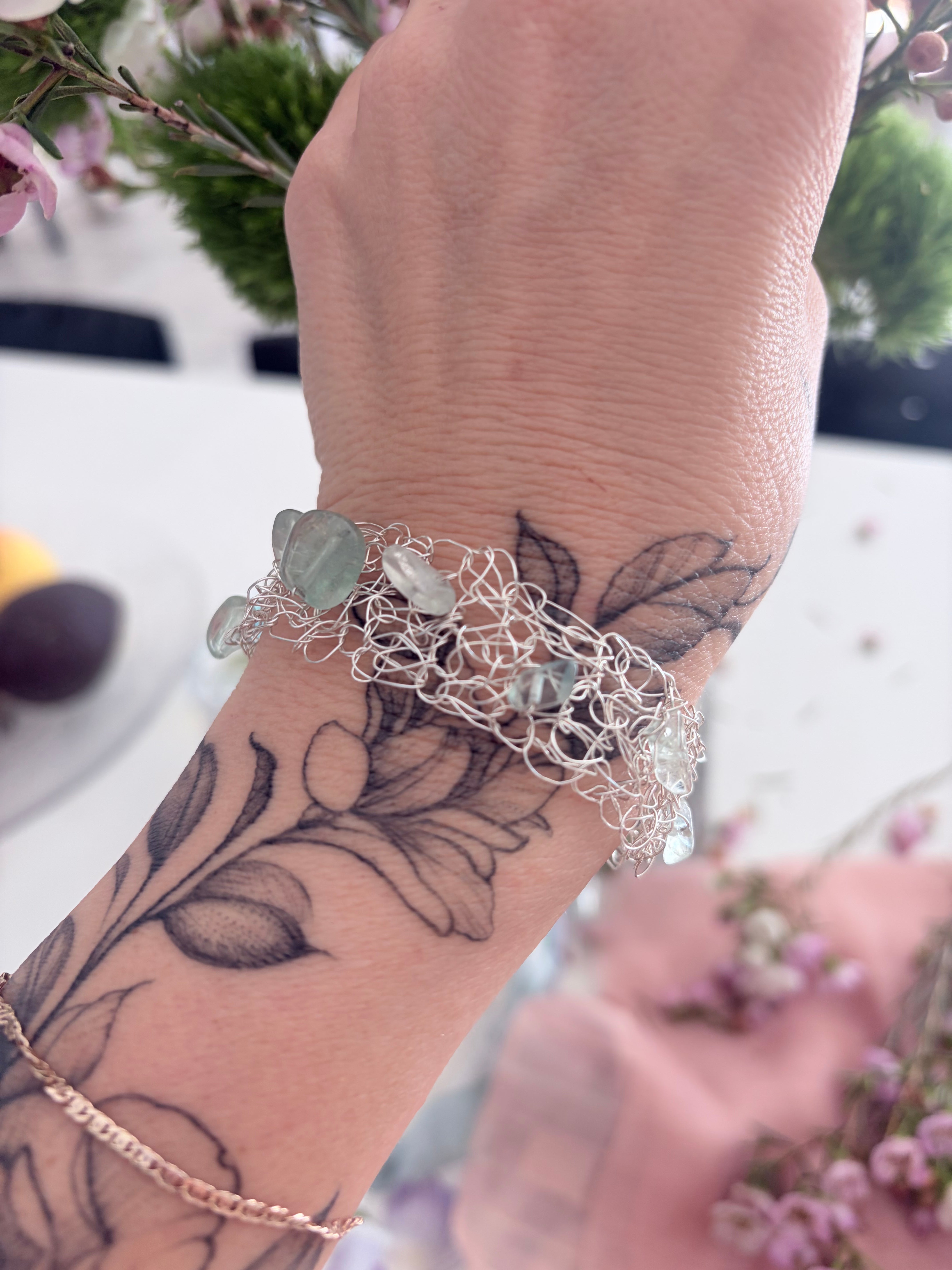 ✨FLUORITE WHISPER✨ Silver-blend crochet bracelet