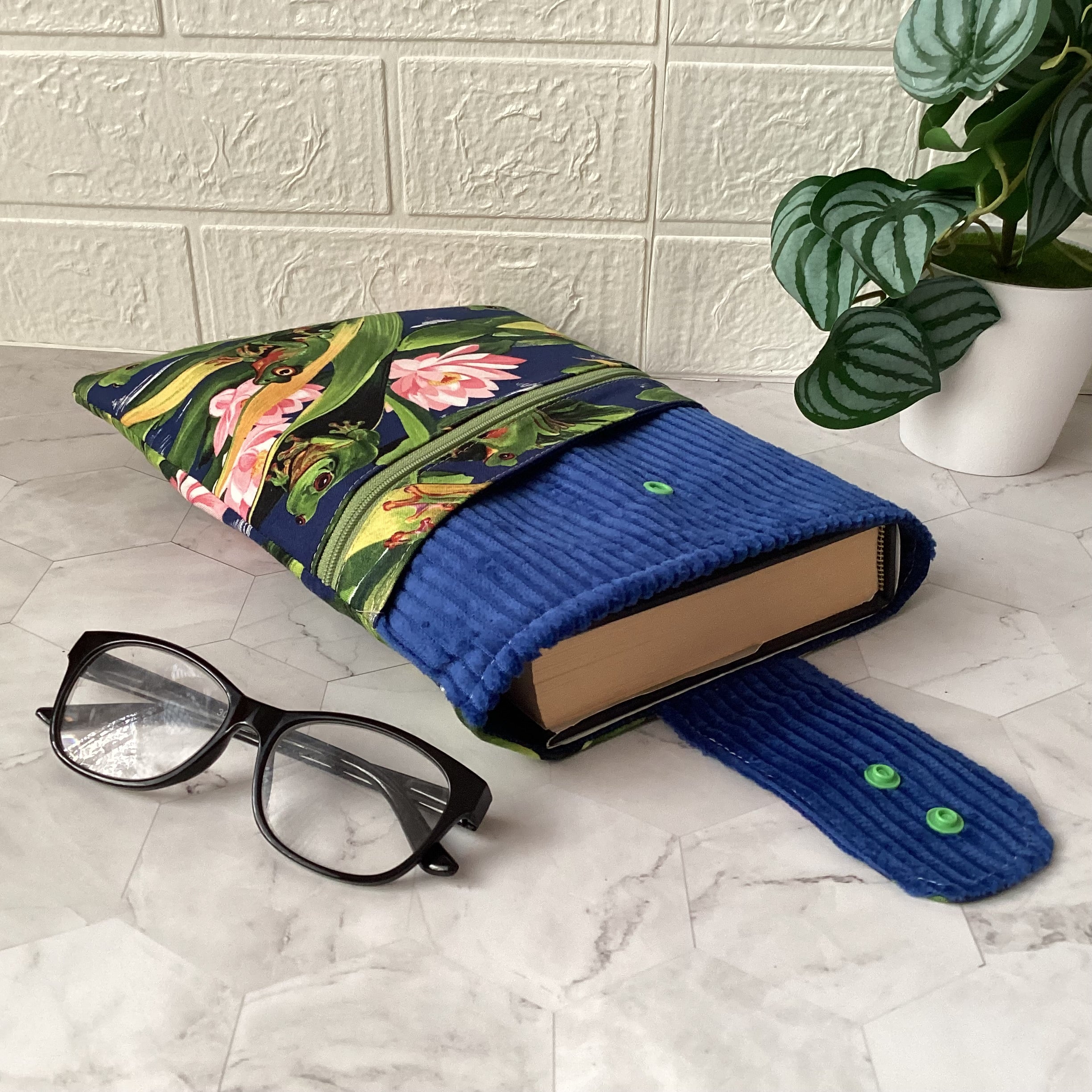 Frogs fabric book sleeve with 2 pockets. iPad, tablet pouch