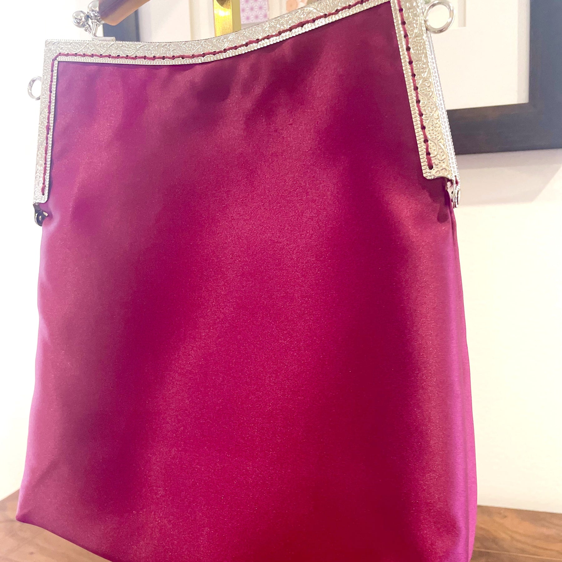 Handmade Plum Satin Handbag, Cherry Blossom Embroidery