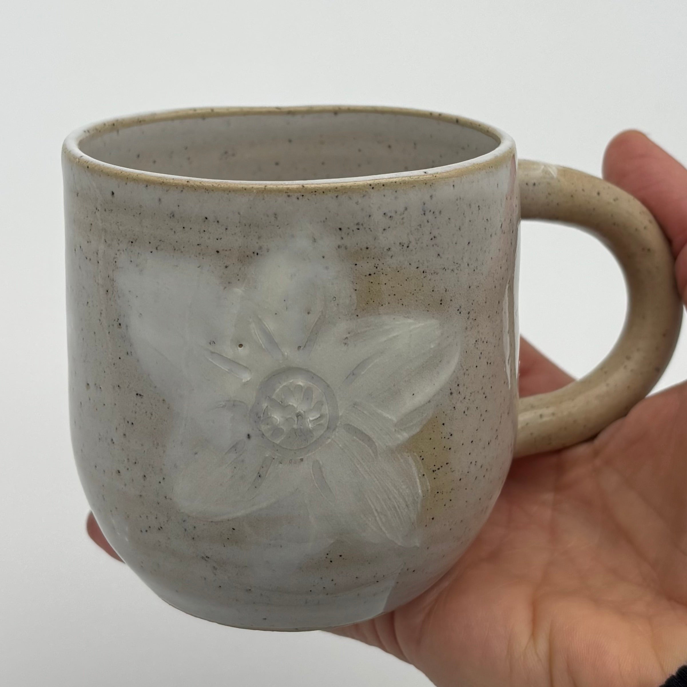 Contemporary Handmade Ceramic Mug | Wheel Thrown Cup with Handle | Hand Painted in Slip | Floral