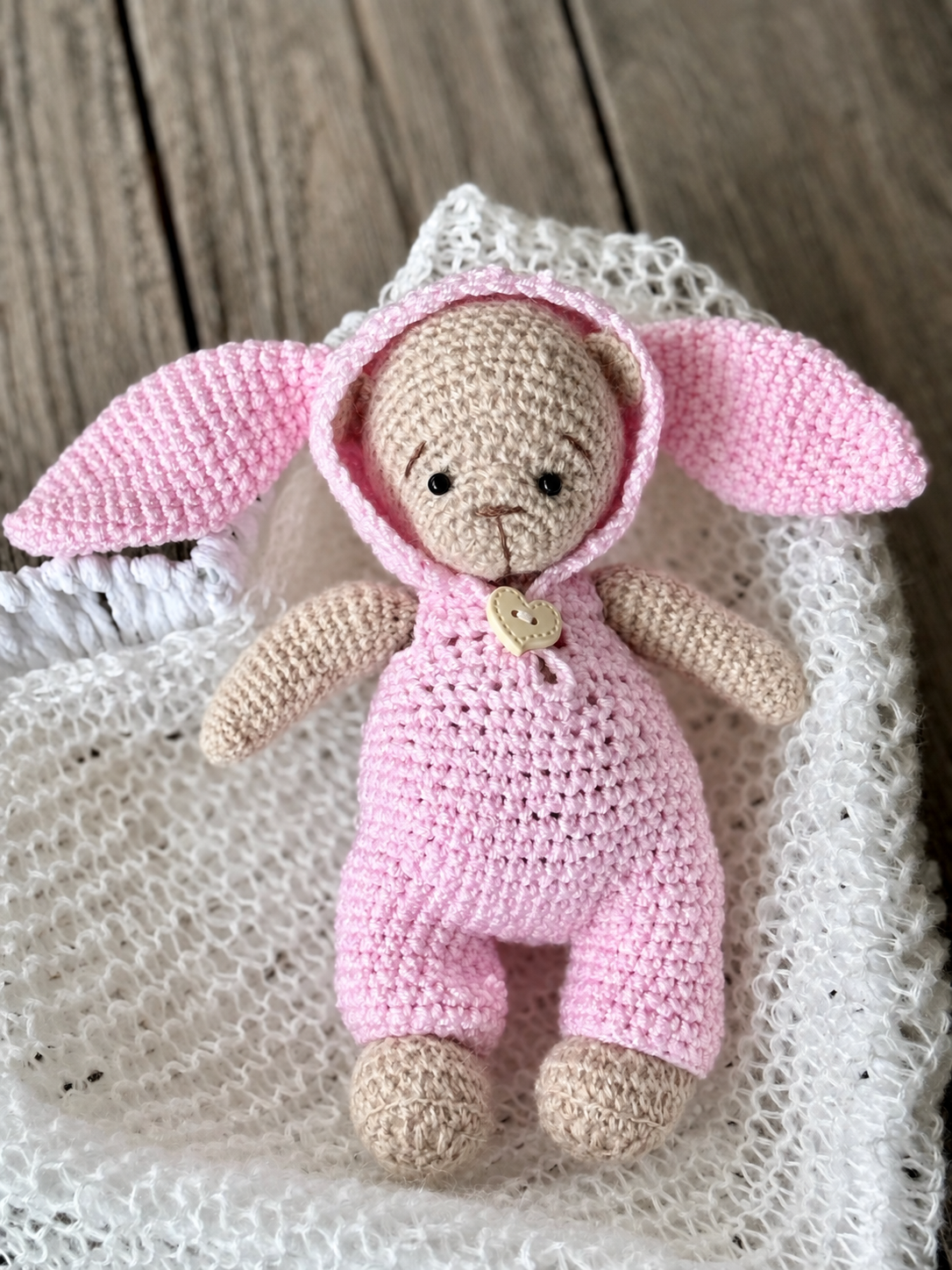Crochet Little Bear in the Pink Bunny Suit Toy