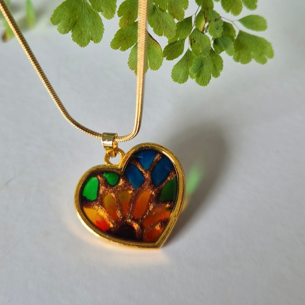 Stained-Glass Effect Resin Sunflower Heart Pendant