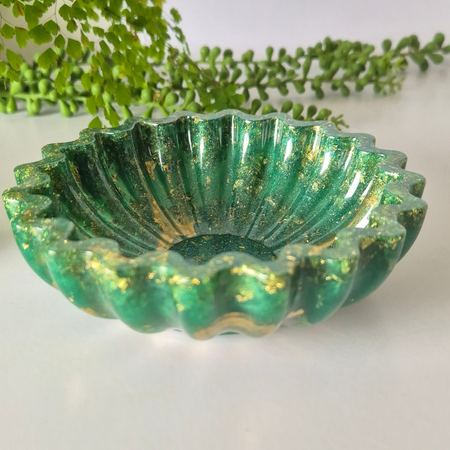 Green and Gold Resin Fluted Trinket Bowl