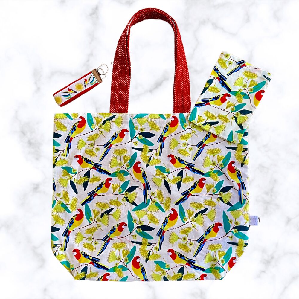 Grocery Tote ... Lined with storage pouch ... Rosellas