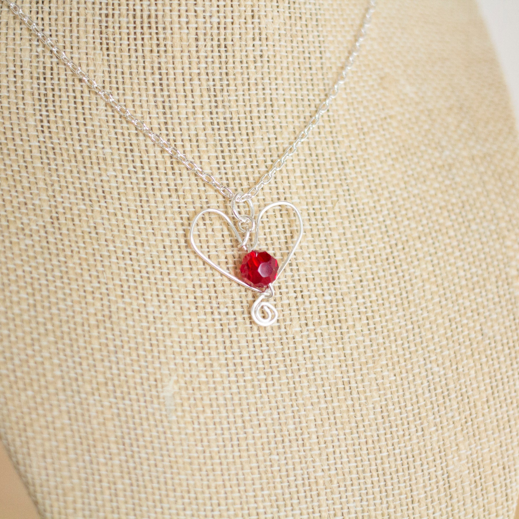 Silver Heart and Red Crystal Pendant Necklace and Earrings Set
