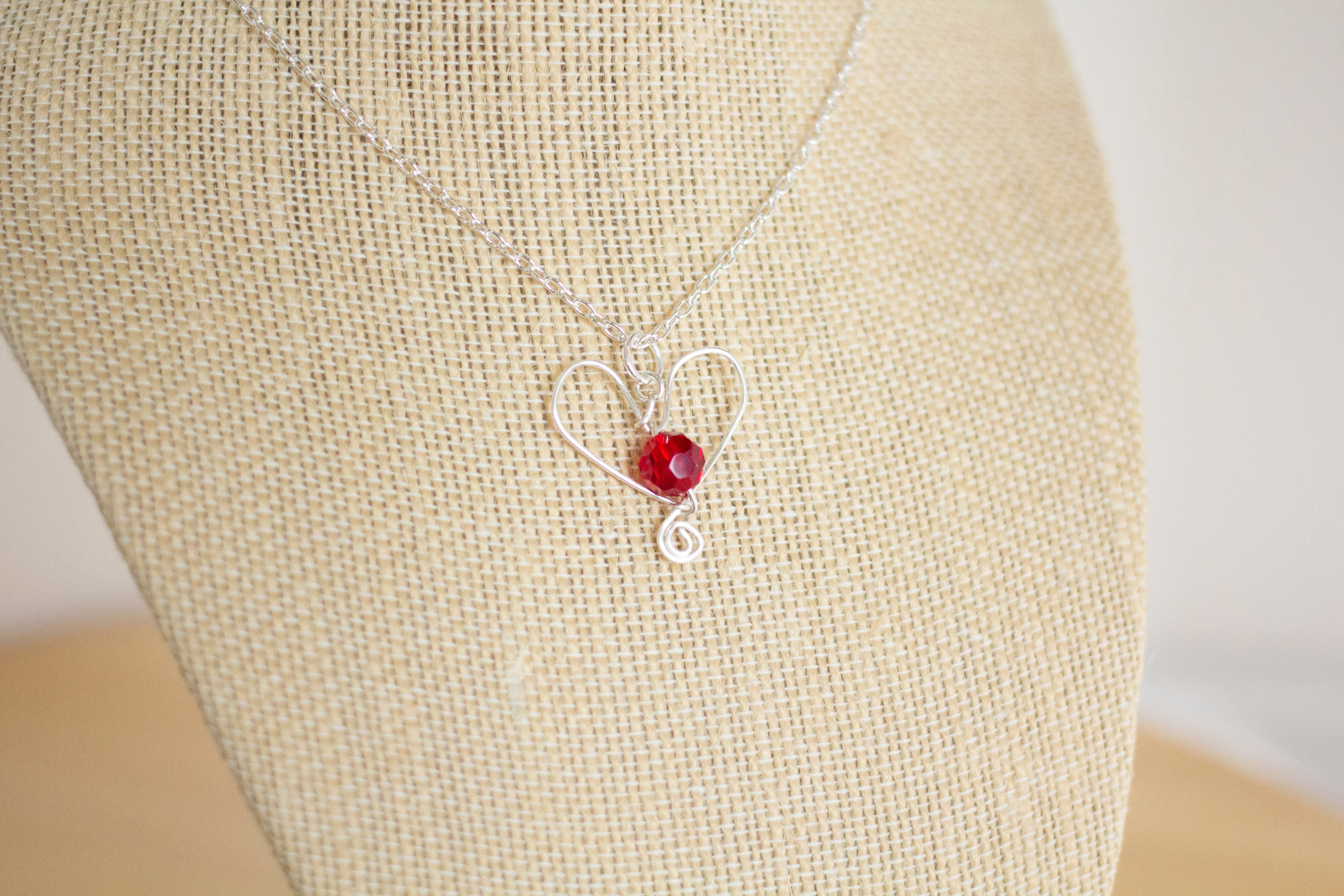 Silver Heart and Red Crystal Pendant Necklace and Earrings Set
