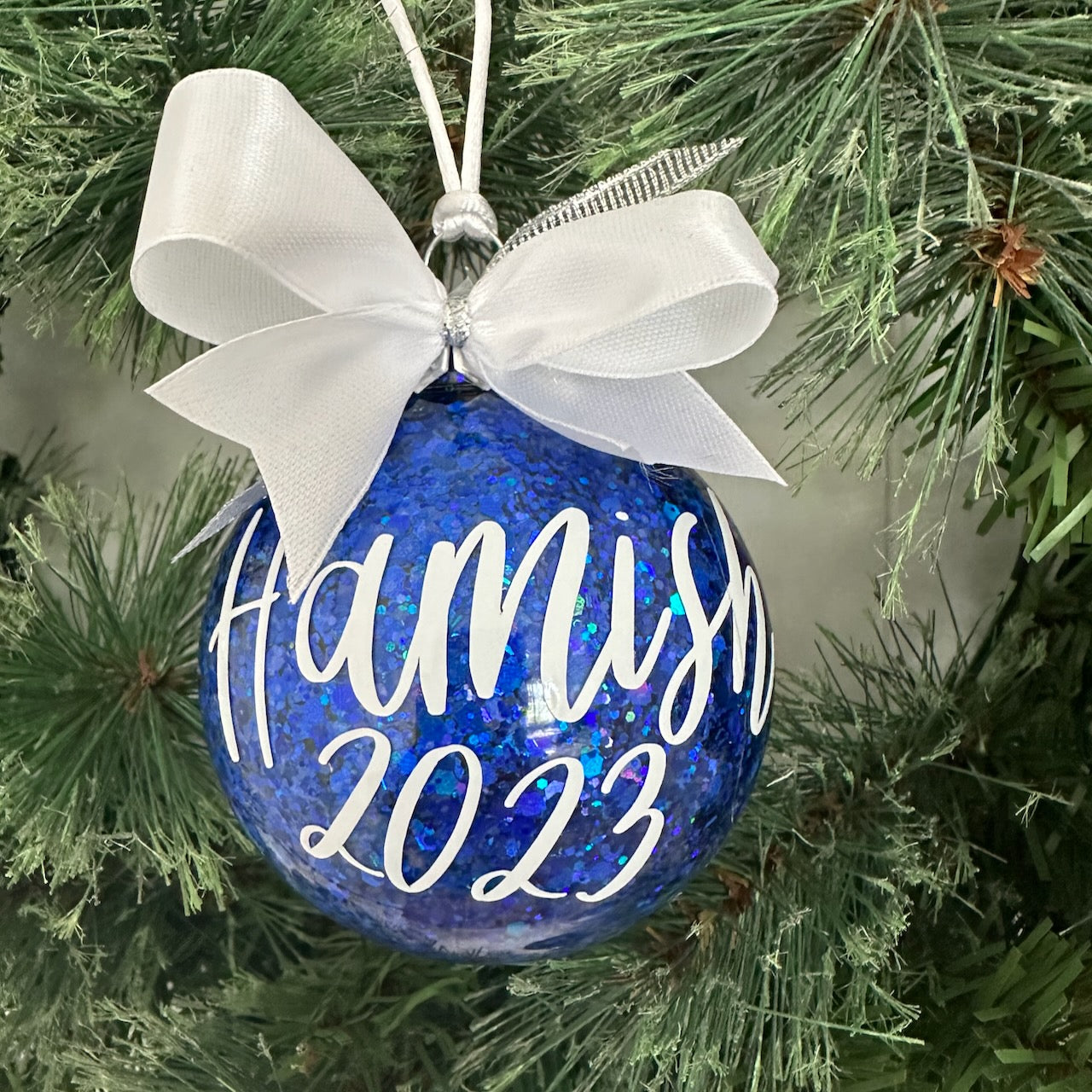 Personalised Christmas Baubles, Glitter Ornament With Names And Message