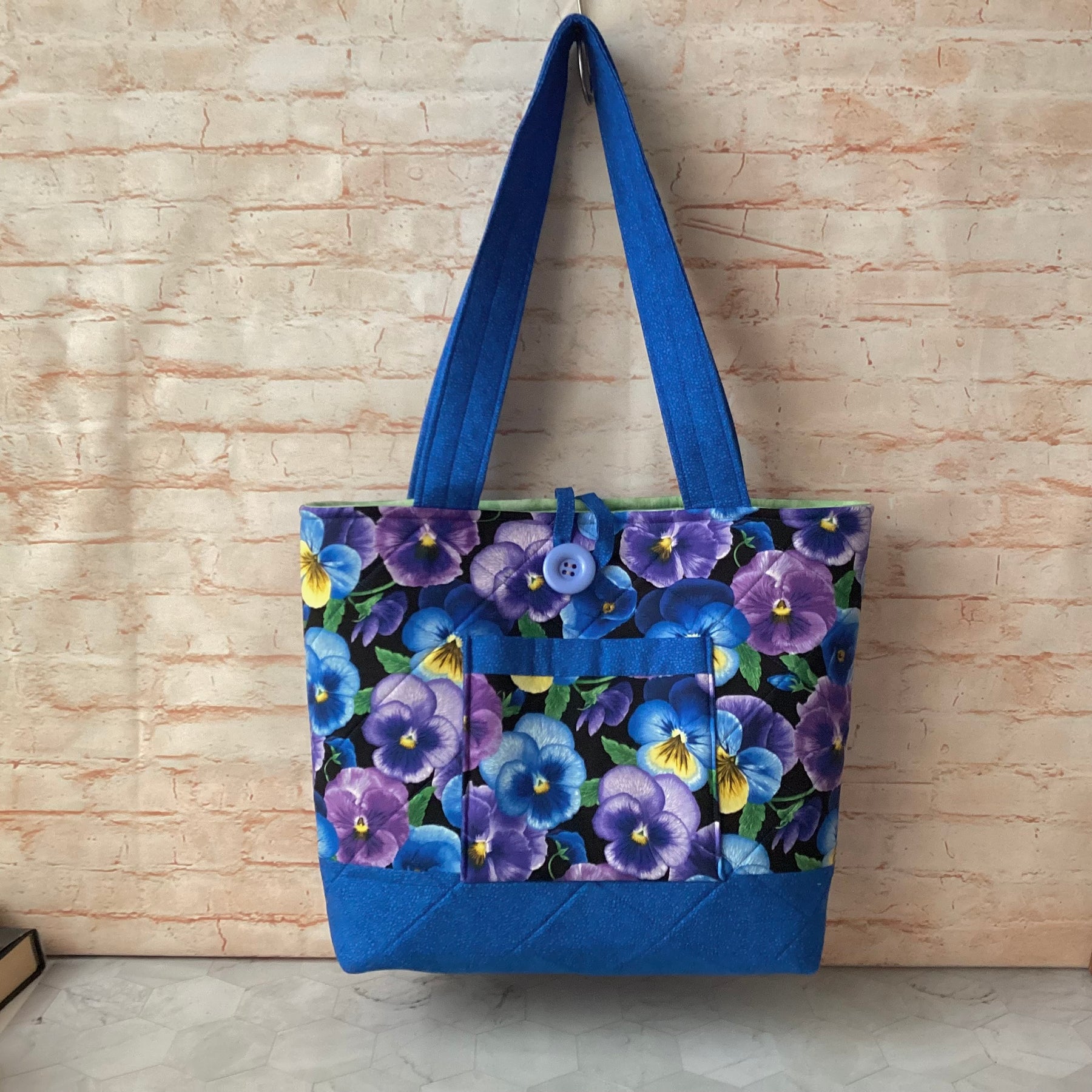 Blue Purple Pansies Floral Tote Bag: Handmade, quilted cotton shoulder bag with pockets