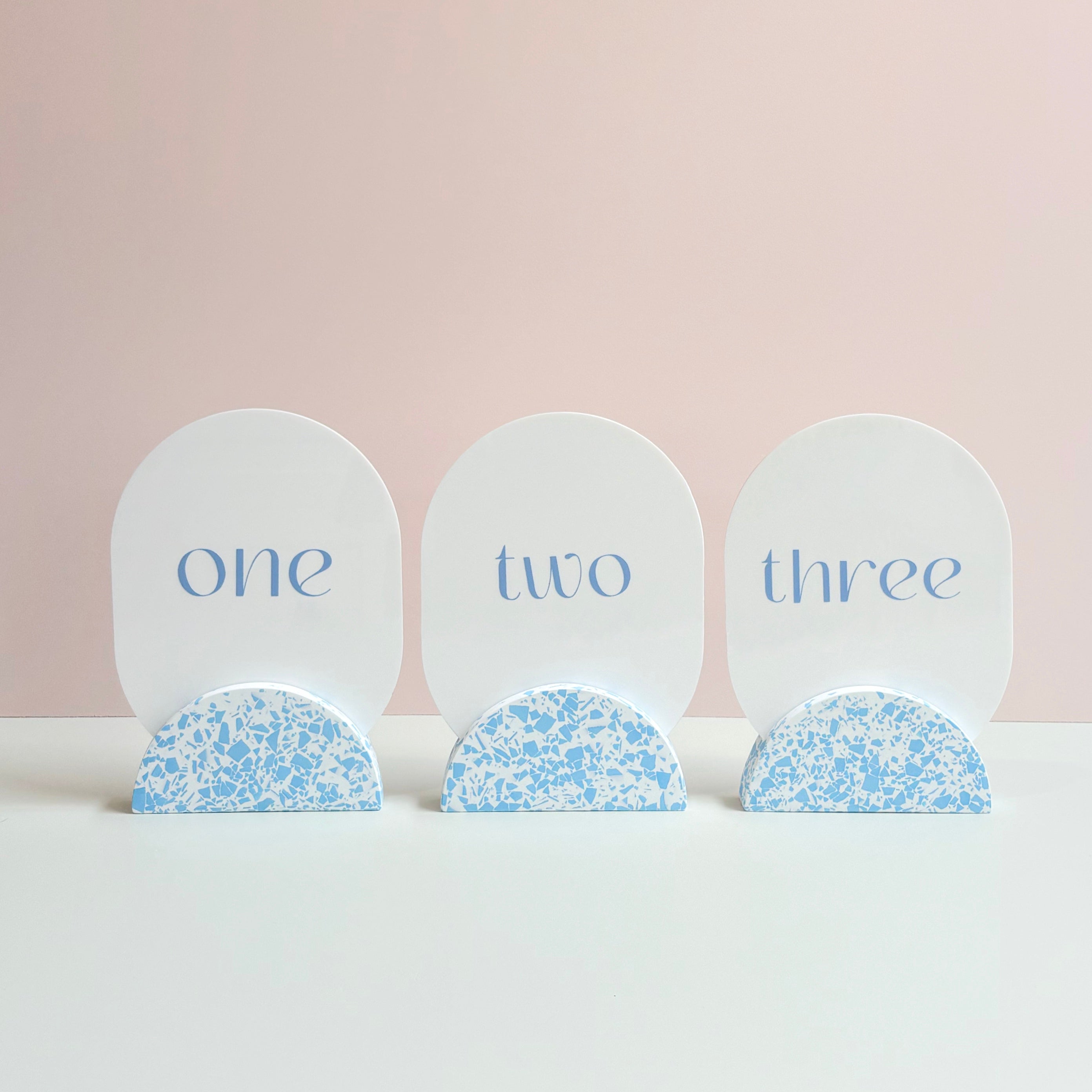 Wedding table numbers, blue and white eco resin terrazzo